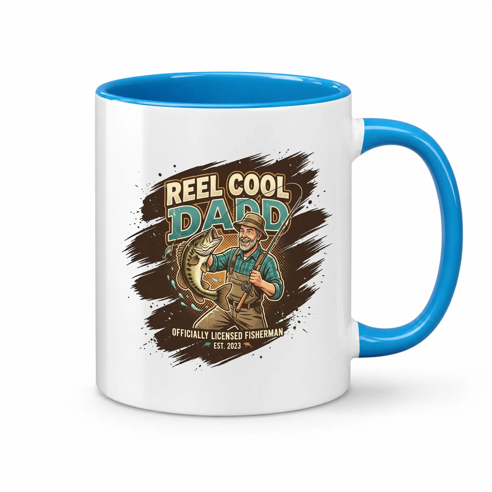Funny Fishing Themed Coffee Mug for Dad Novelty Beverage Cup with Fisherman Graphic and Contrast Blue Handle Design