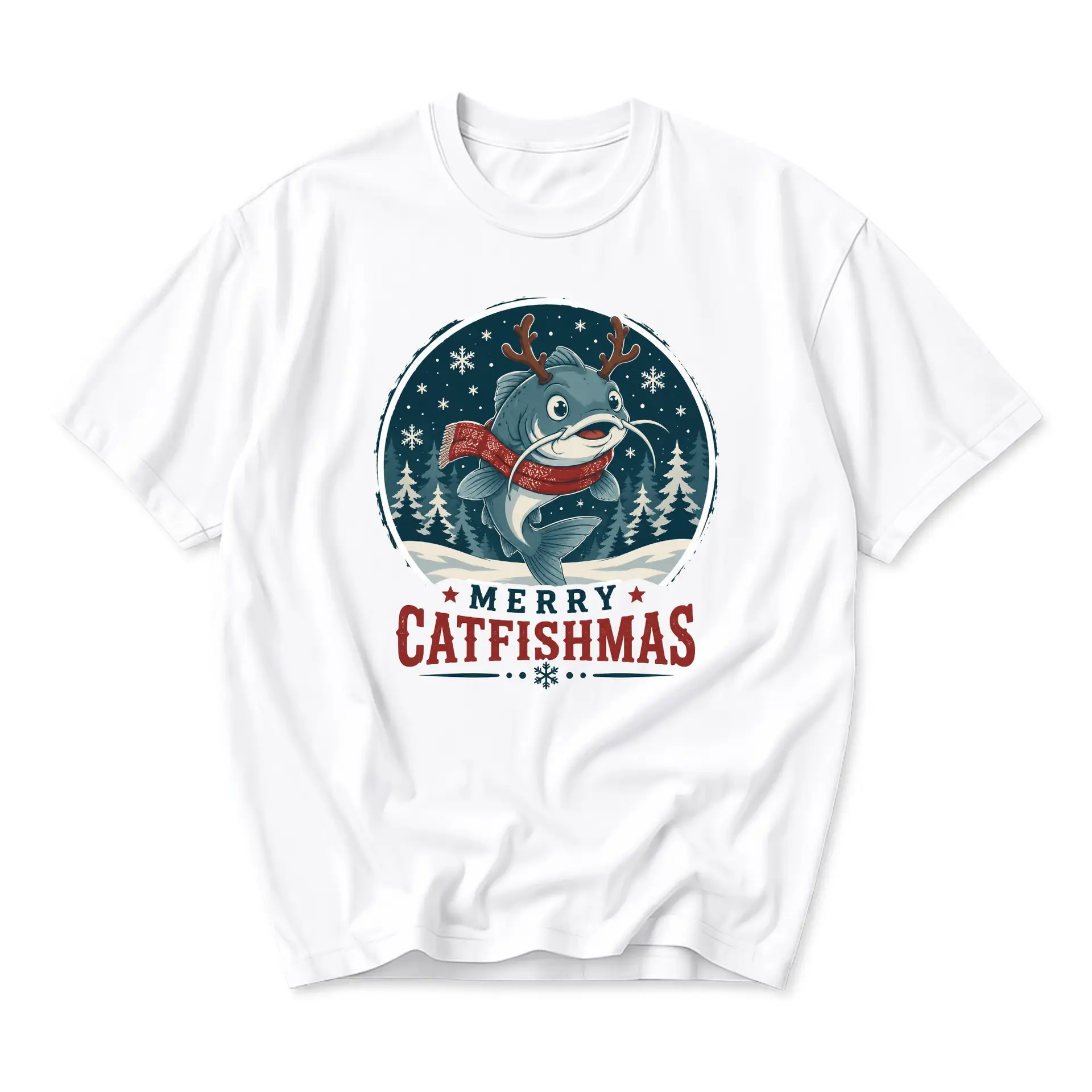 Funny Shirt Merry Catfishmas Holiday Graphic Tee Casual Unisex Crew Neck Cotton Blend Soft Everyday Wear White T-Shirt