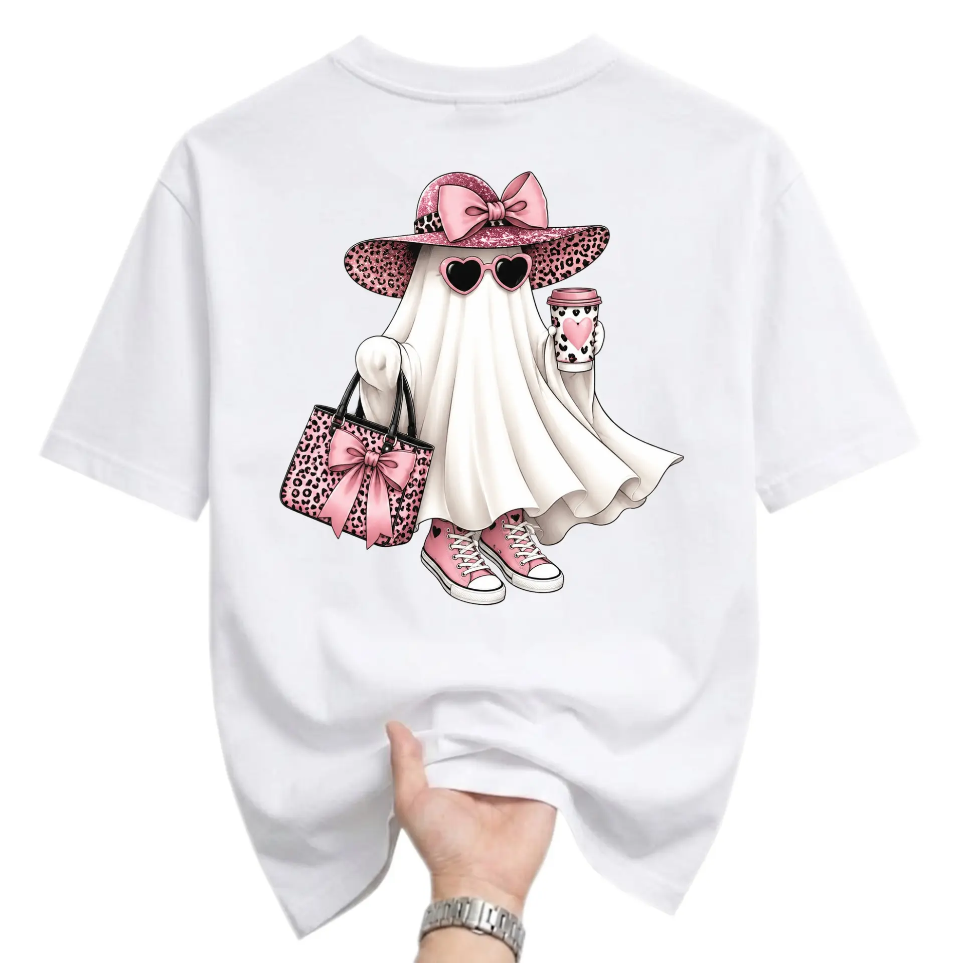 Graphic Tee Stylish Ghost Illustration Trendy Pink Leopard Print Casual Unisex Short Sleeve Crew Neck T-Shirt