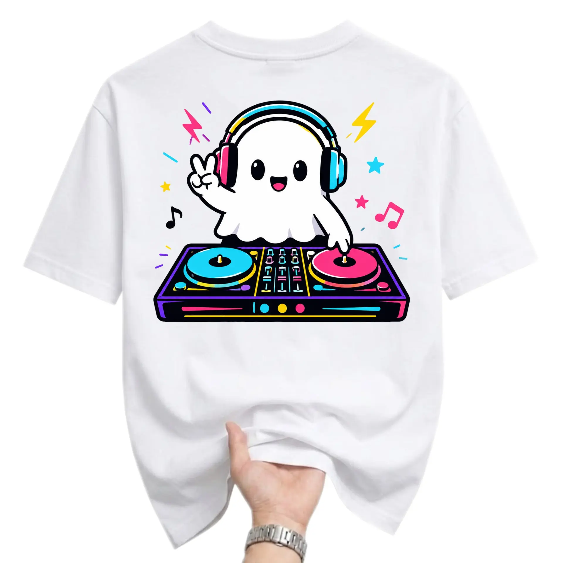 Graphic Tee Unisex Crew Neck Short Sleeve Shirt Featuring Cute Dj Ghost Music Producer Design for Casual Everyday Wear