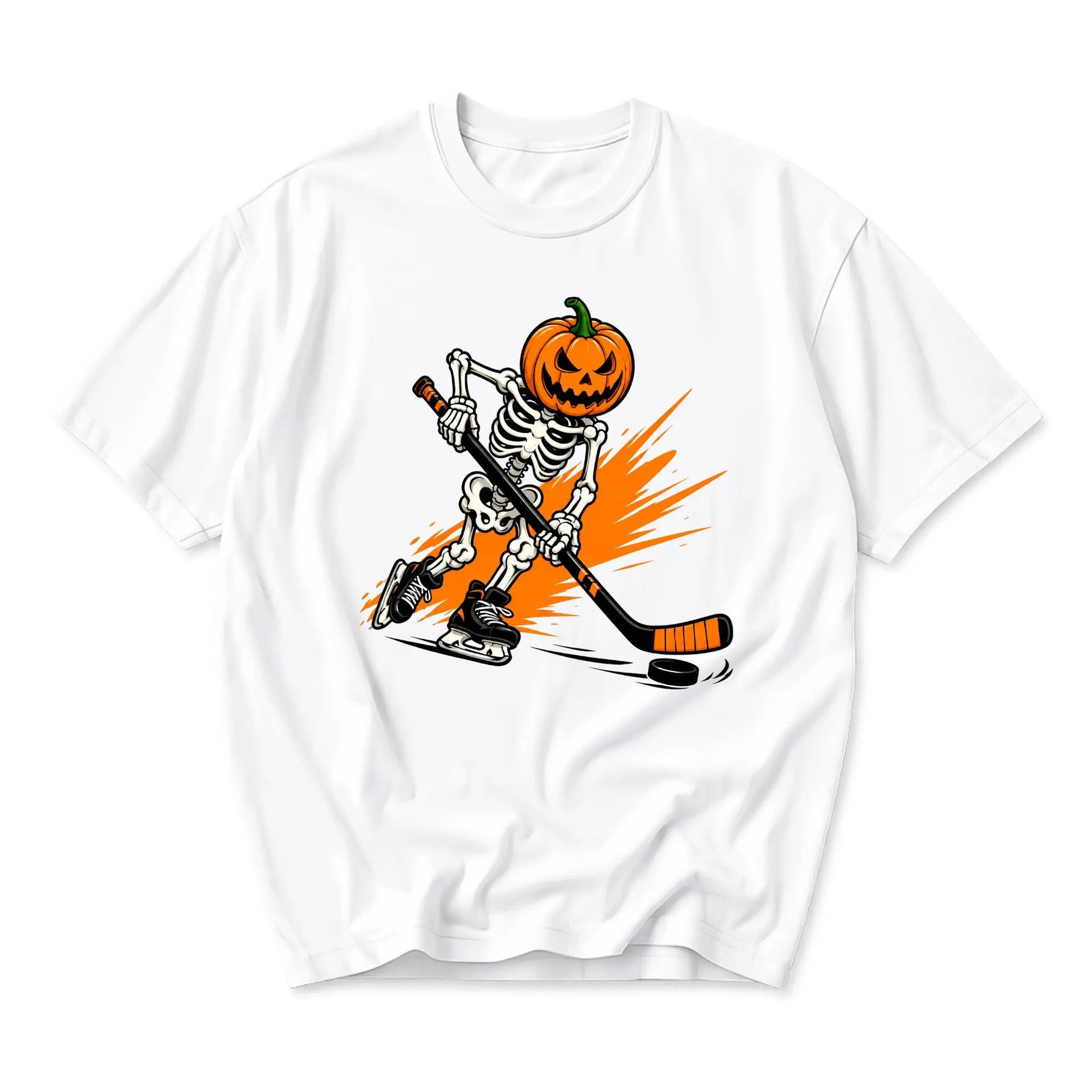 Funny Shirt Skeleton Hockey Player Pumpkin Head Graphic Tee Casual Short Sleeve Unisex Cotton Blend Crew Neck Apparel