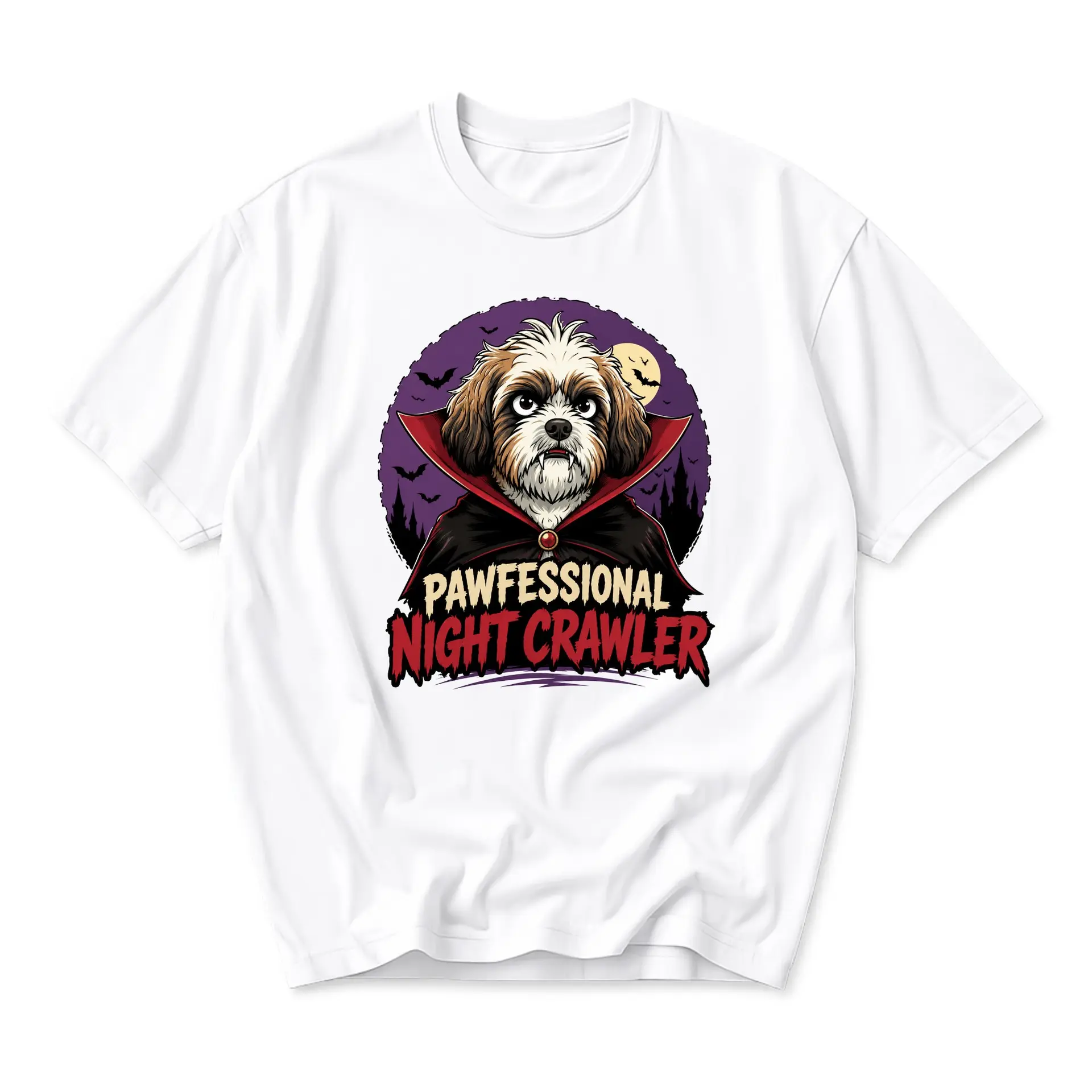 Funny Shirt Pawfessional Night Crawler Vampire Dog Graphic Tee Unisex Crew Neck Casual Everyday Apparel White