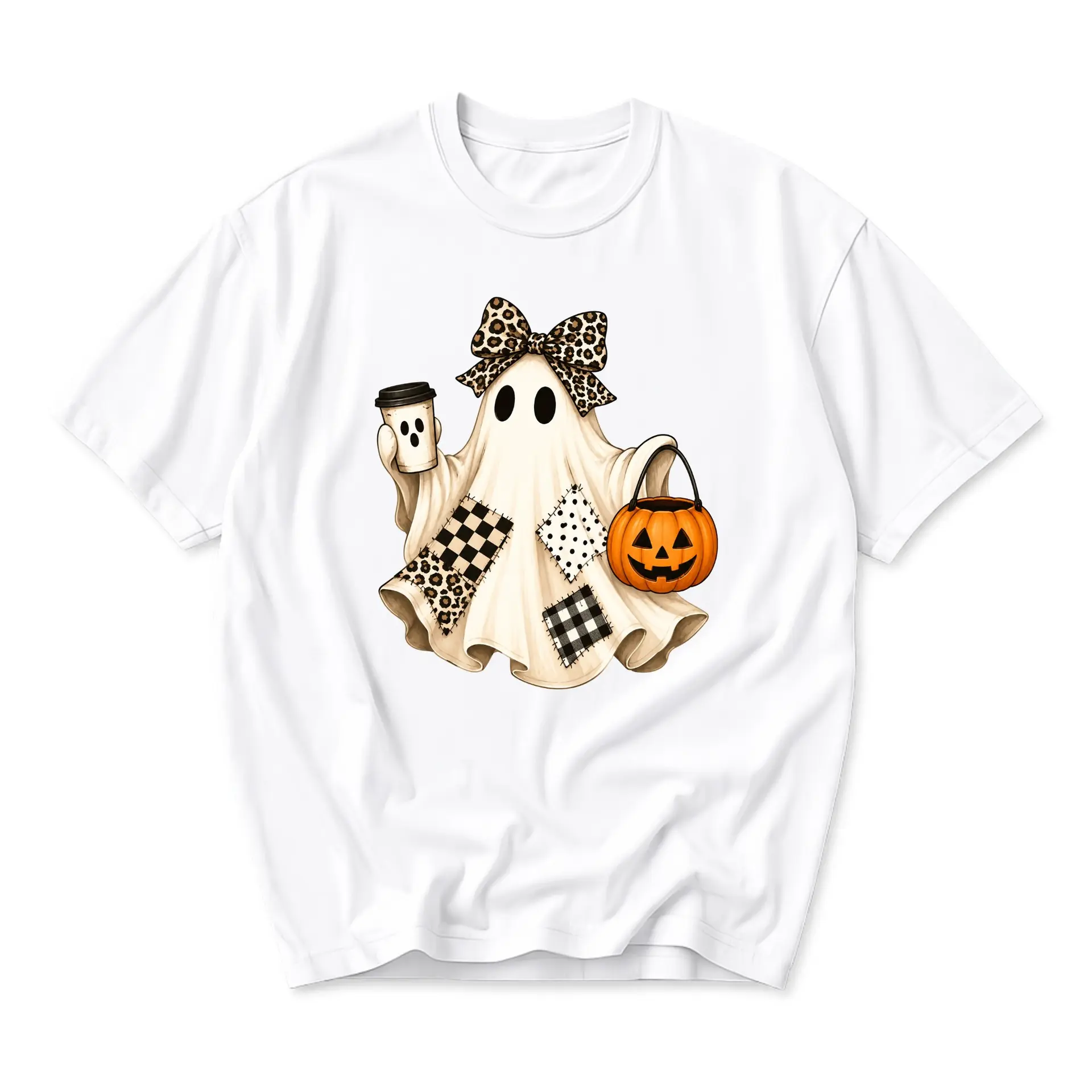 Graphic Tee Ghost Holding Pumpkin and Coffee Cup Spooky Season Unisex Crew Neck Casual Everyday Short Sleeve Shirt