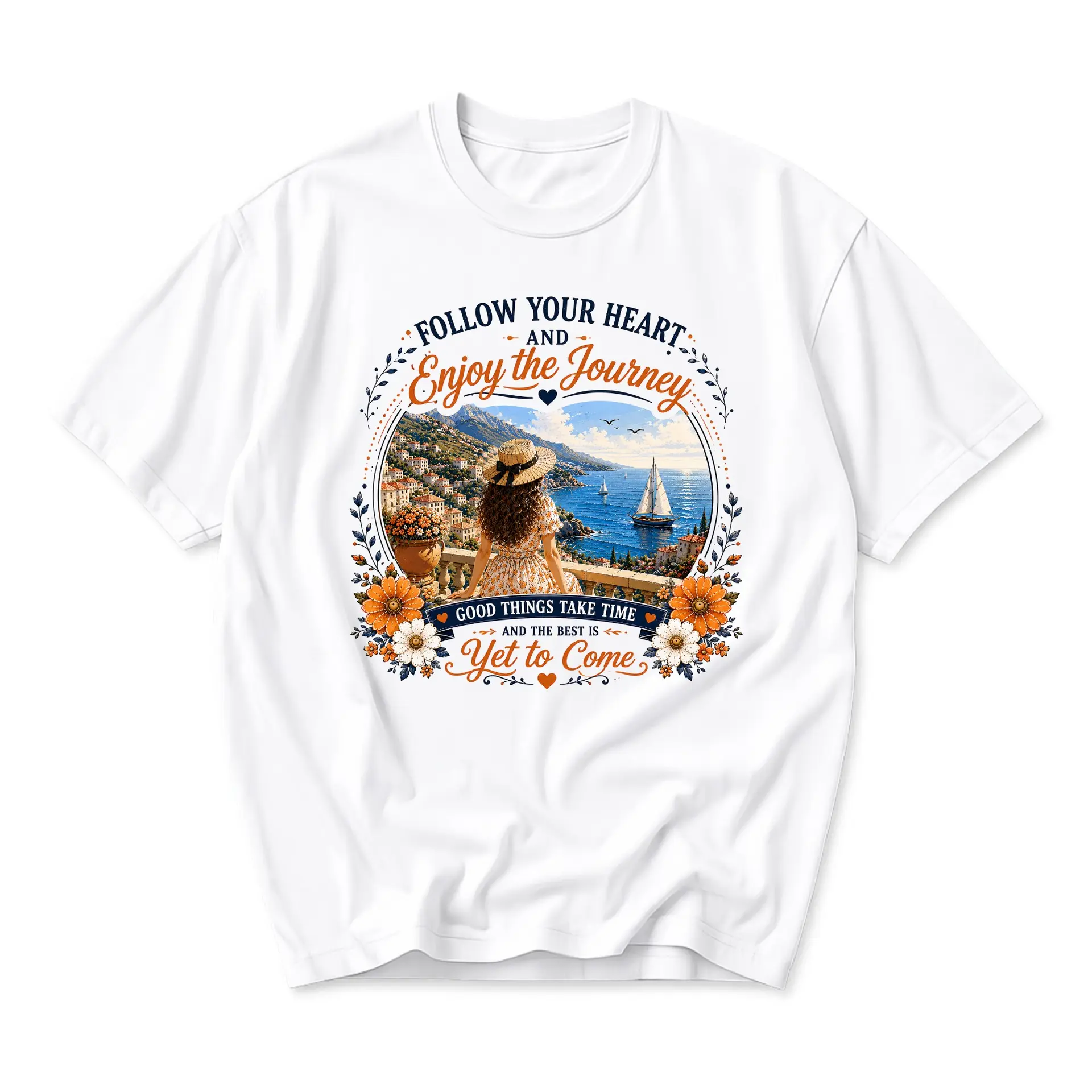 Graphic Tee Follow Your Heart Enjoy the Journey Scenic Coastal Print Unisex Crew Neck Casual Cotton Blend T-Shirt