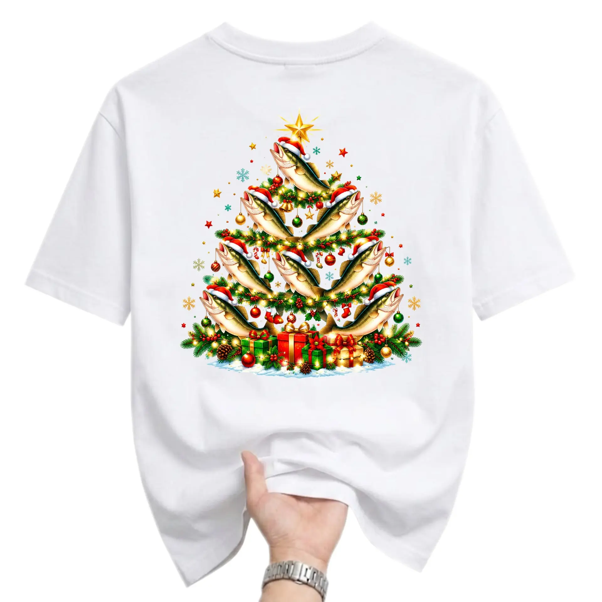 Funny Shirt Fishing Christmas Tree Graphic Tee Unisex Crew Neck Short Sleeve Casual Holiday Apparel for Anglers