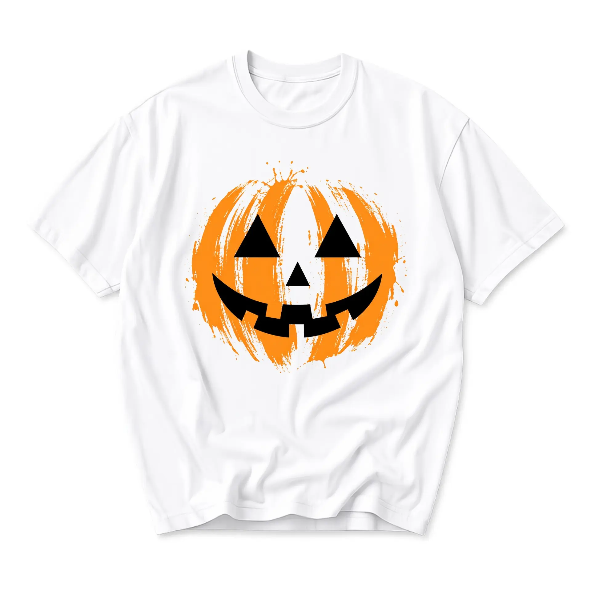 Graphic Tee Pumpkin Face Print Unisex Shirt Short Sleeve Casual Fall Apparel for Men and Women White Crew Neck Top
