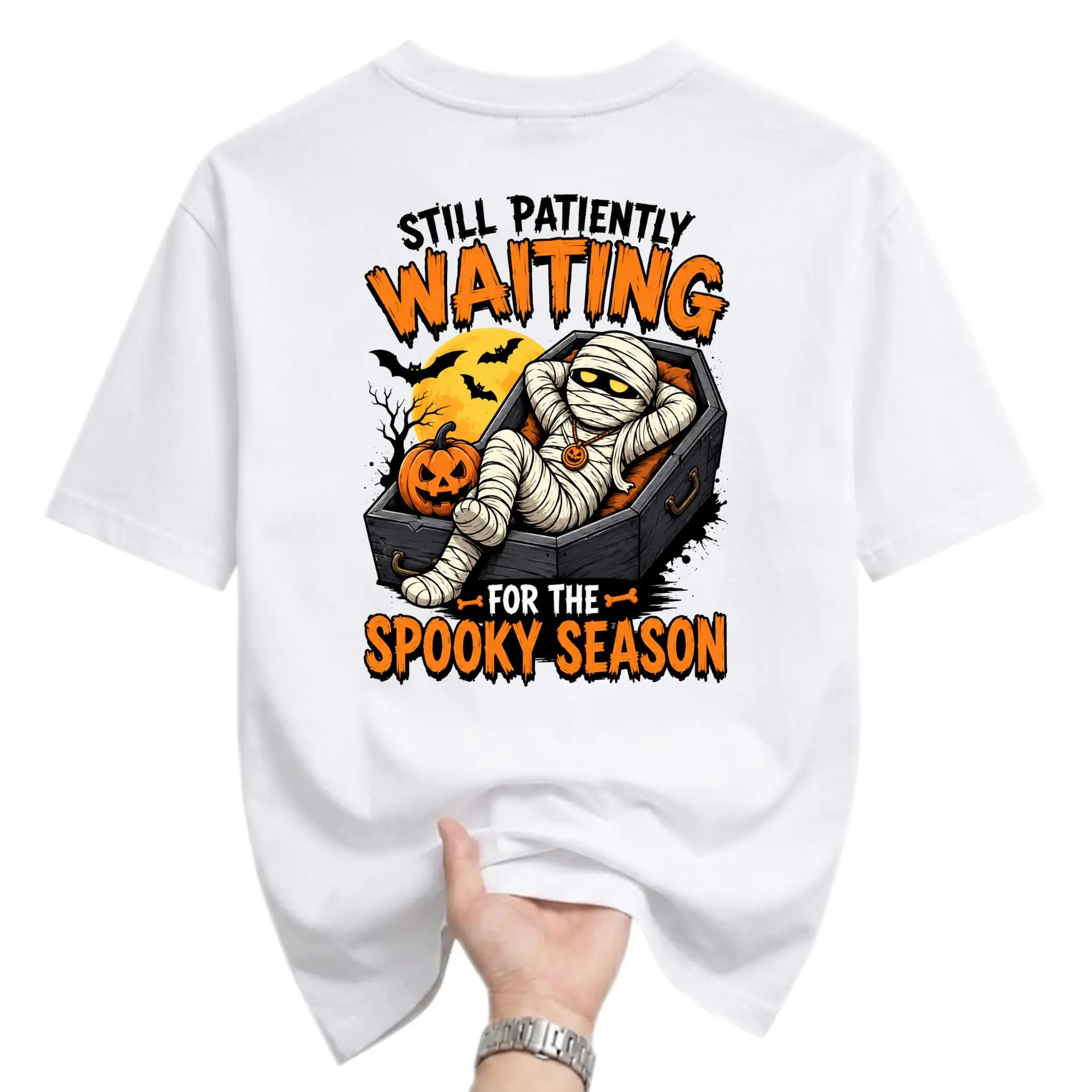 Funny Shirt Still Patiently Waiting for the Spooky Season Graphic Tee Unisex Crew Neck Halloween Themed Apparel