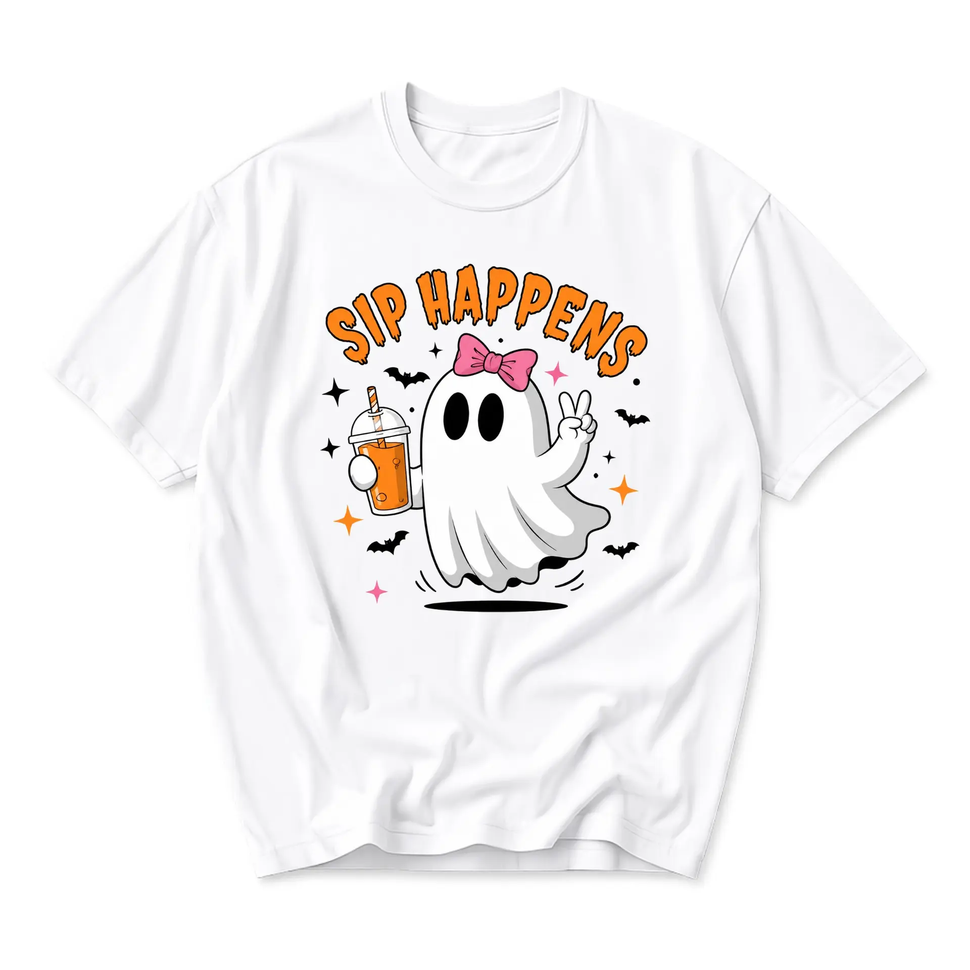 Funny Shirt Sip Happens Ghost Graphic Tee Unisex Casual Apparel for Everyday Style Comfort Cotton Blend Crew Neck Top