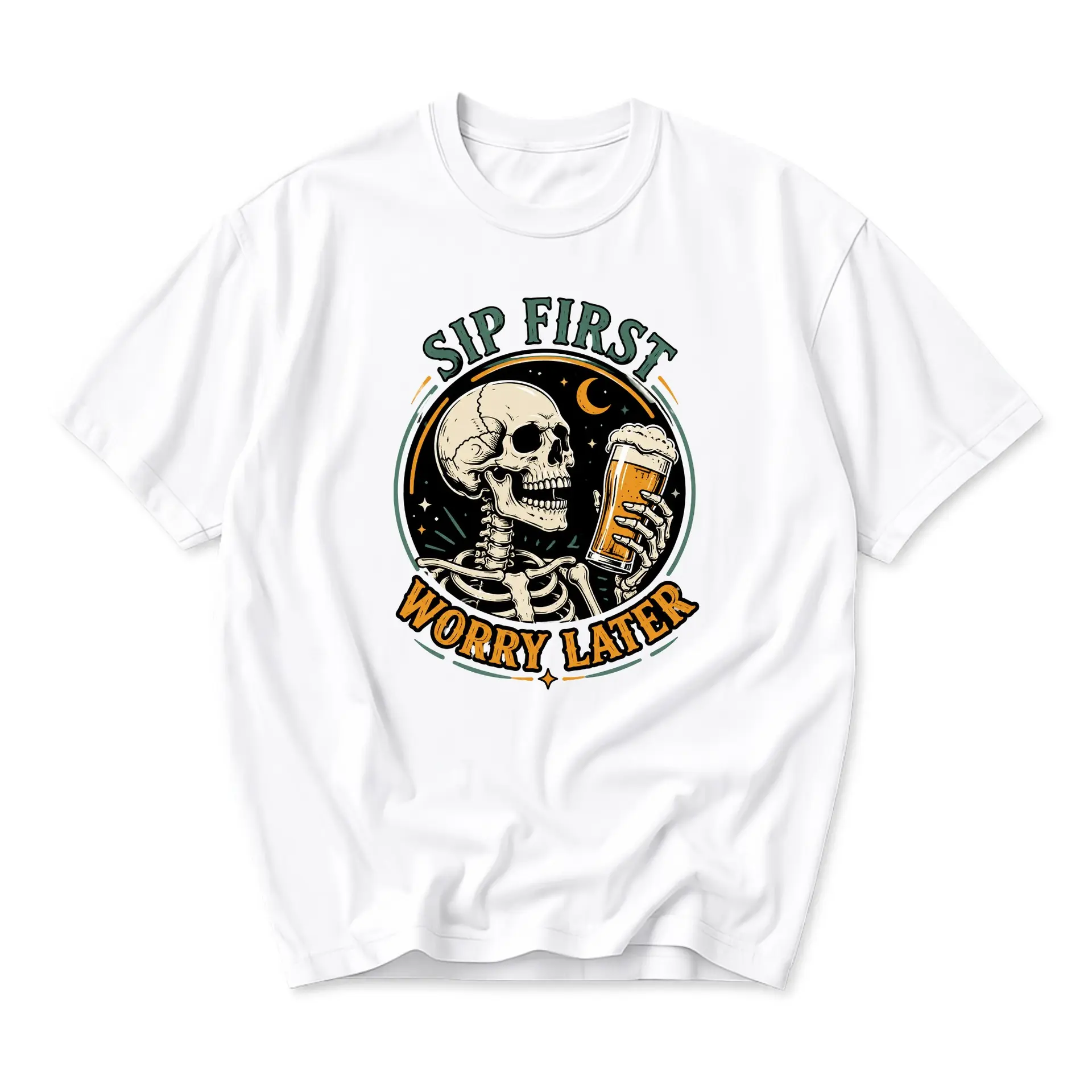Funny Shirt Sip First Worry Later Skeleton Beer Graphic Tee Unisex Casual Crew Neck Comfortable Soft Cotton Top