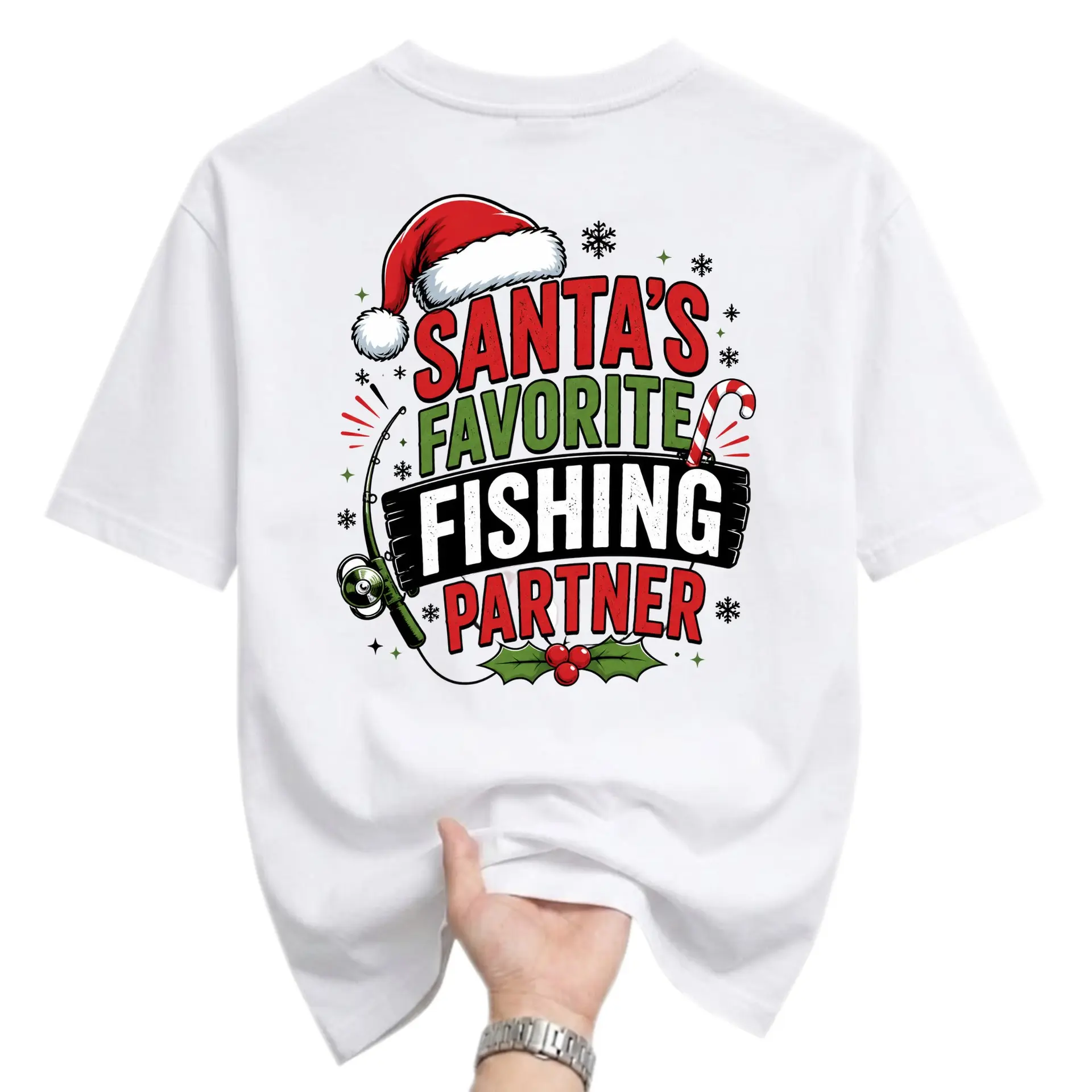 Funny Shirt Santa's Favorite Fishing Partner Christmas Graphic Tee Unisex Casual Holiday Apparel Crew Neck
