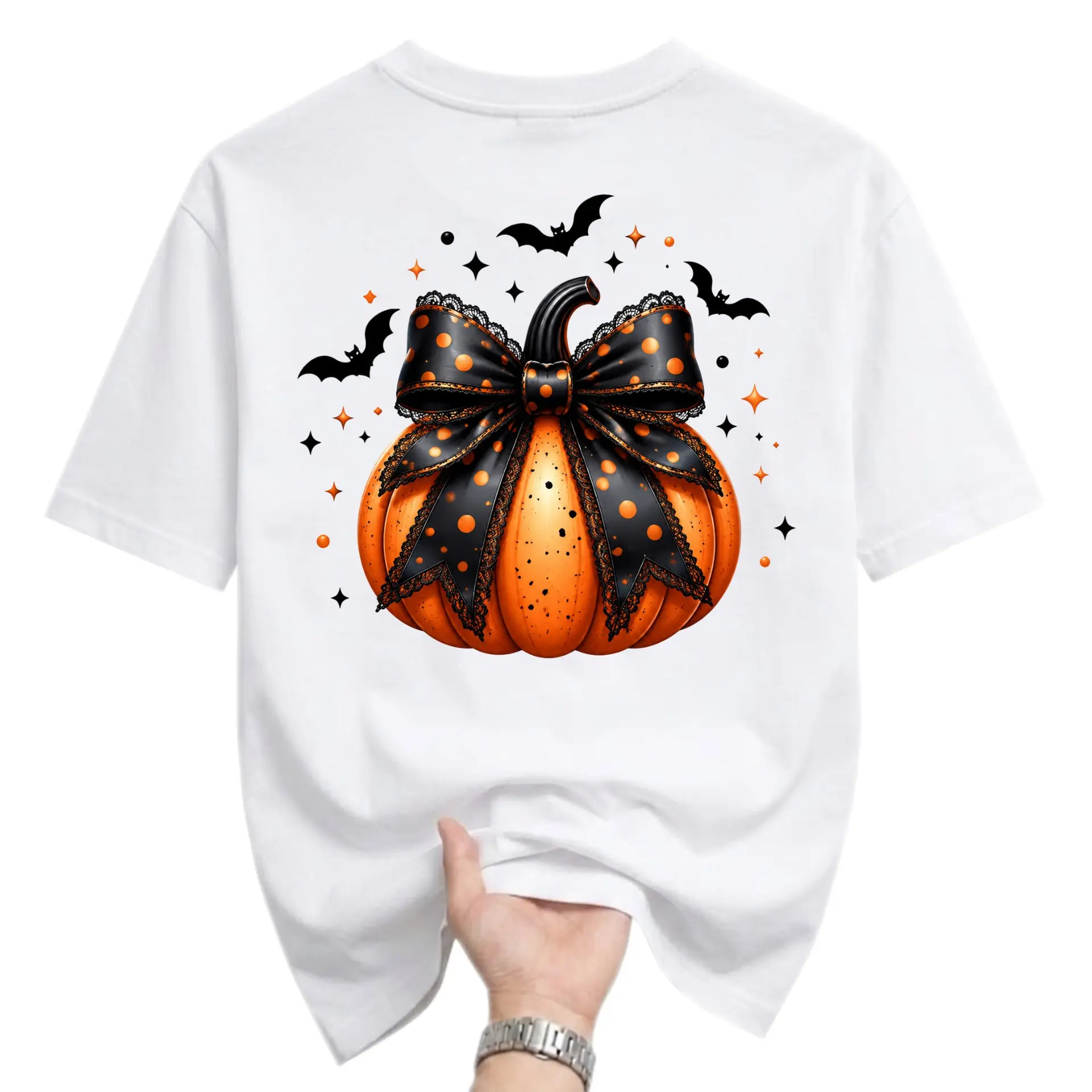 Graphic Tee Pumpkin with Black Polka Dot Bow Halloween Print Unisex Crew Neck Casual Everyday Short Sleeve Shirt
