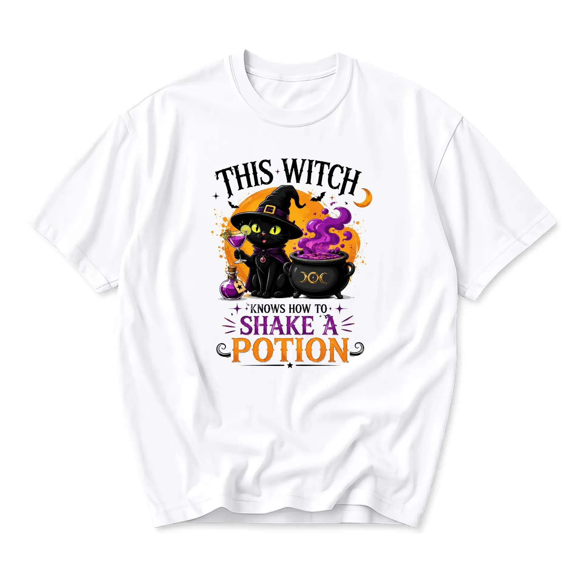 Funny Shirt This Witch Knows How to Shake a Potion Graphic Tee Casual Unisex Short Sleeve Crew Neck Cotton Blend Top
