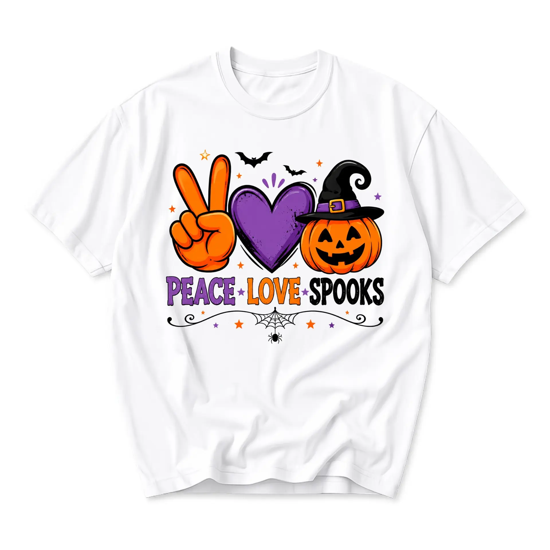 Graphic Tee Peace Love Spooks Halloween Pumpkin Witch Hat Unisex Casual Crew Neck Comfortable Cotton Blend Shirt