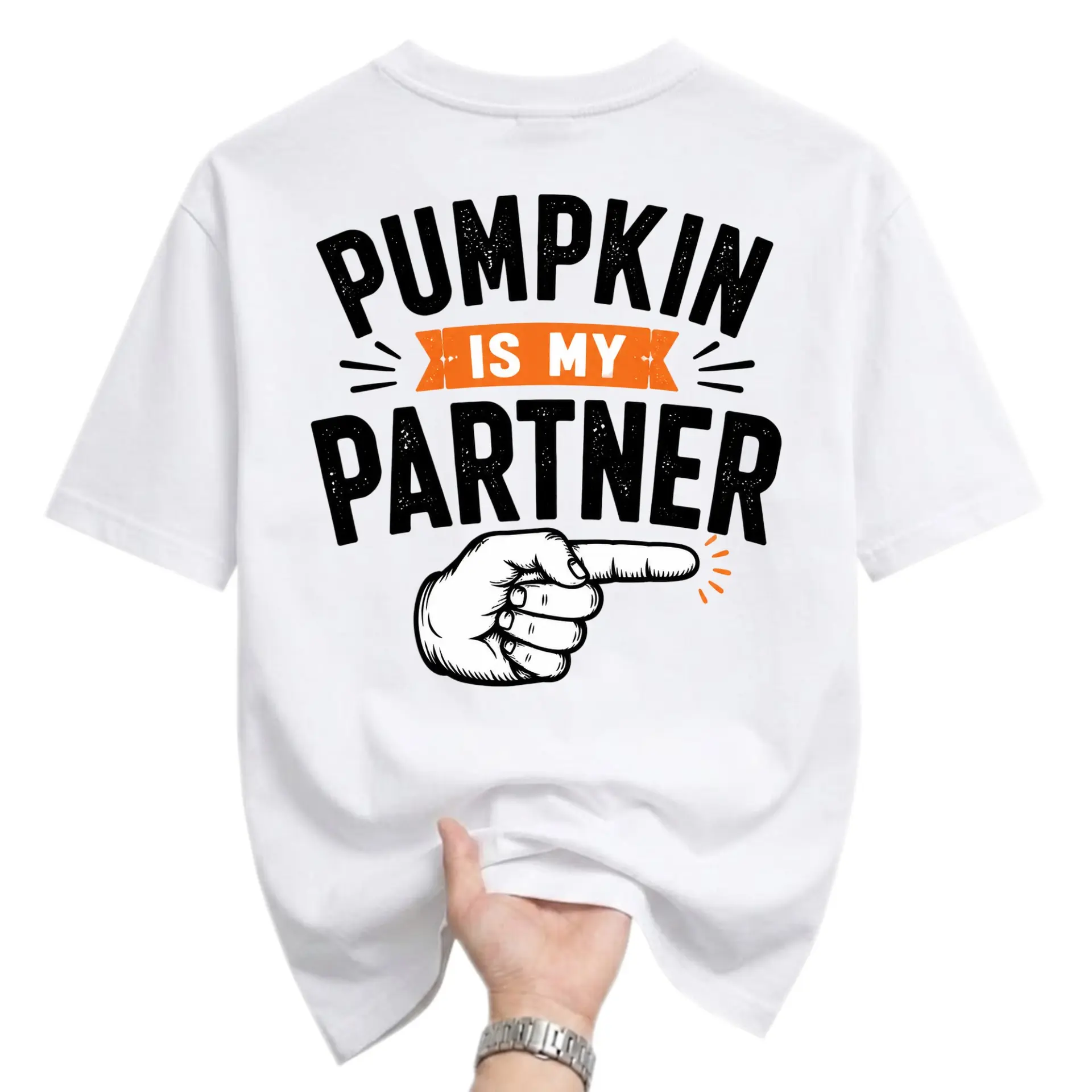 Funny Shirt Pumpkin Is My Partner Graphic Tee Unisex Crew Neck Short Sleeve Casual Cotton Blend Top for Fall Season