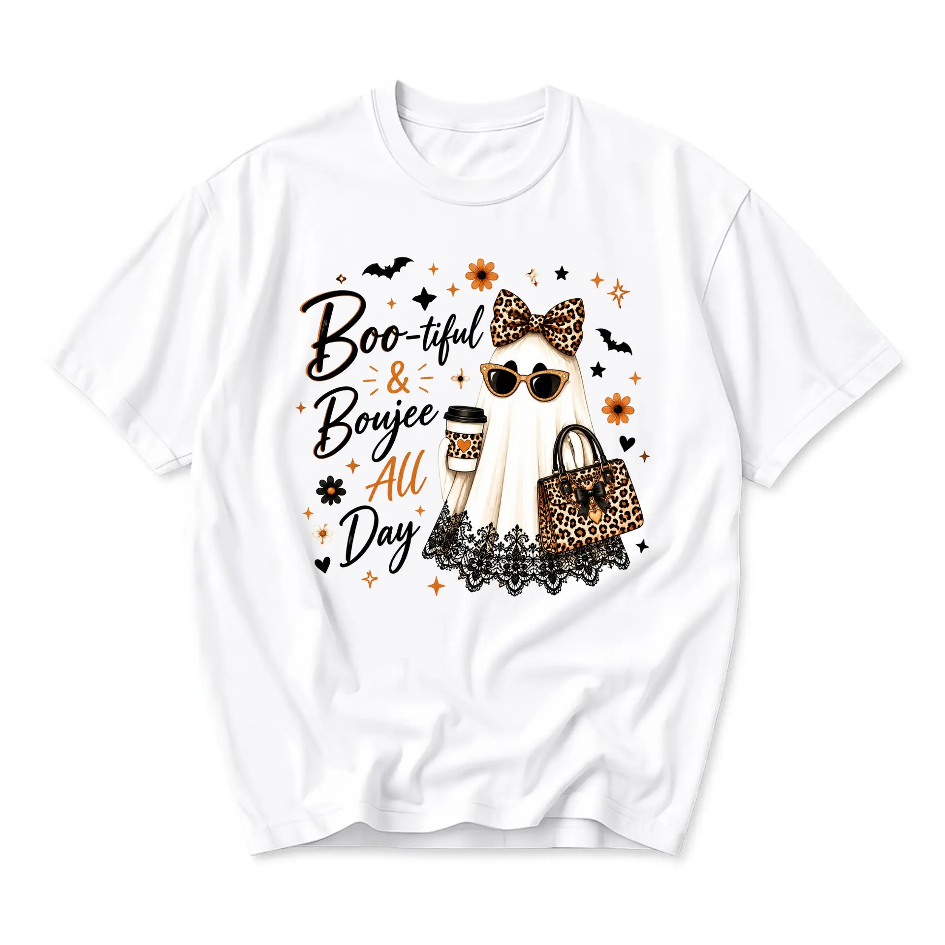 Funny Shirt Boo-Tiful and Boujee All Day Graphic Tee Cute Ghost Illustration Halloween Casual Unisex Crewneck Apparel