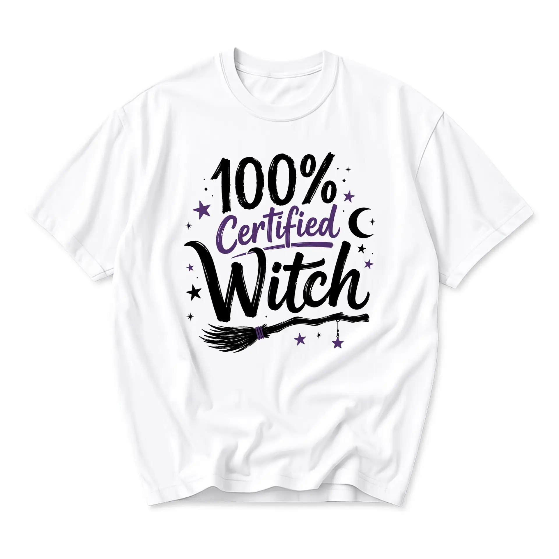 Funny Shirt 100% Certified Witch Graphic Tee Unisex Casual Crew Neck Comfortable Short Sleeve Cotton Blend Apparel