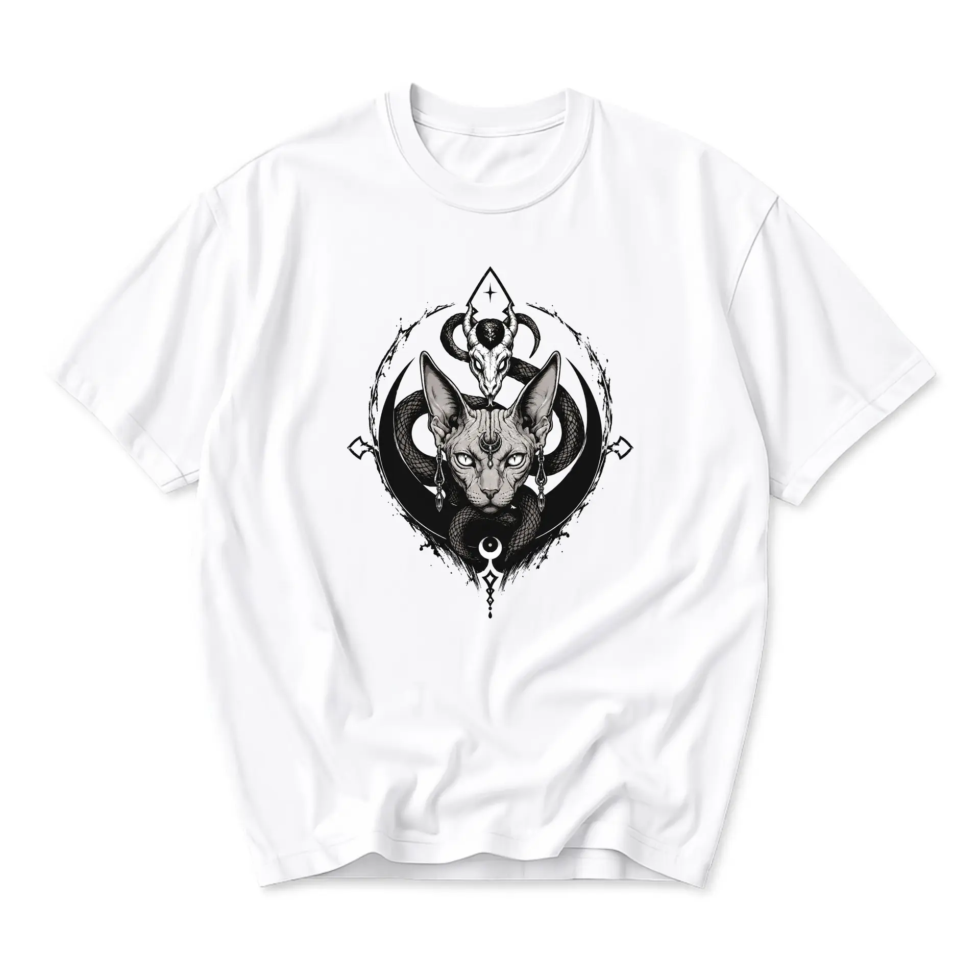 Graphic Tee Unisex Sphynx Cat and Snake Occult Style Print Casual Crew Neck Cotton Blend Short Sleeve Shirt