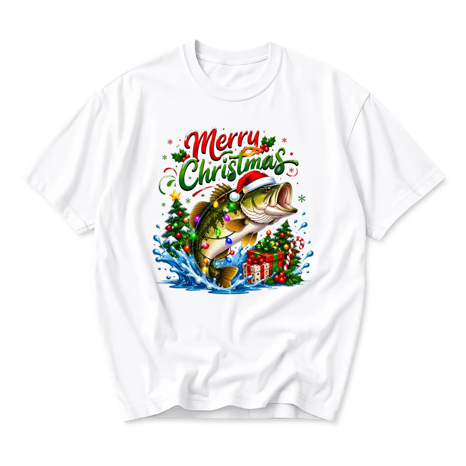 Funny Shirt Merry Christmas Fish Graphic Tee Unisex Crew Neck Short Sleeve Casual Holiday Apparel White T-Shirt