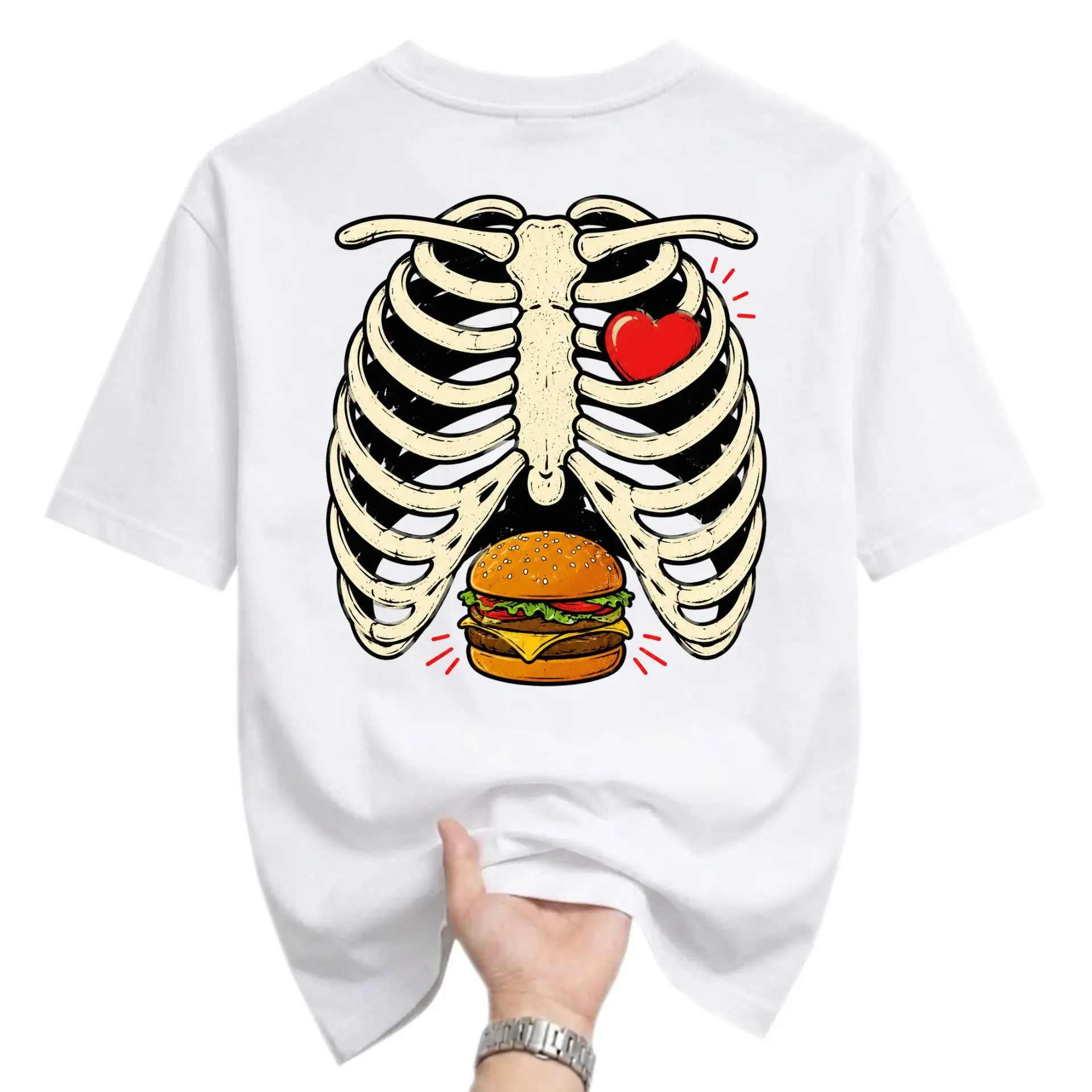 Graphic Tee Unisex Crew Neck Short Sleeve Shirt Featuring Anatomical Rib Cage Heart and Hamburger Design for Casual Wear