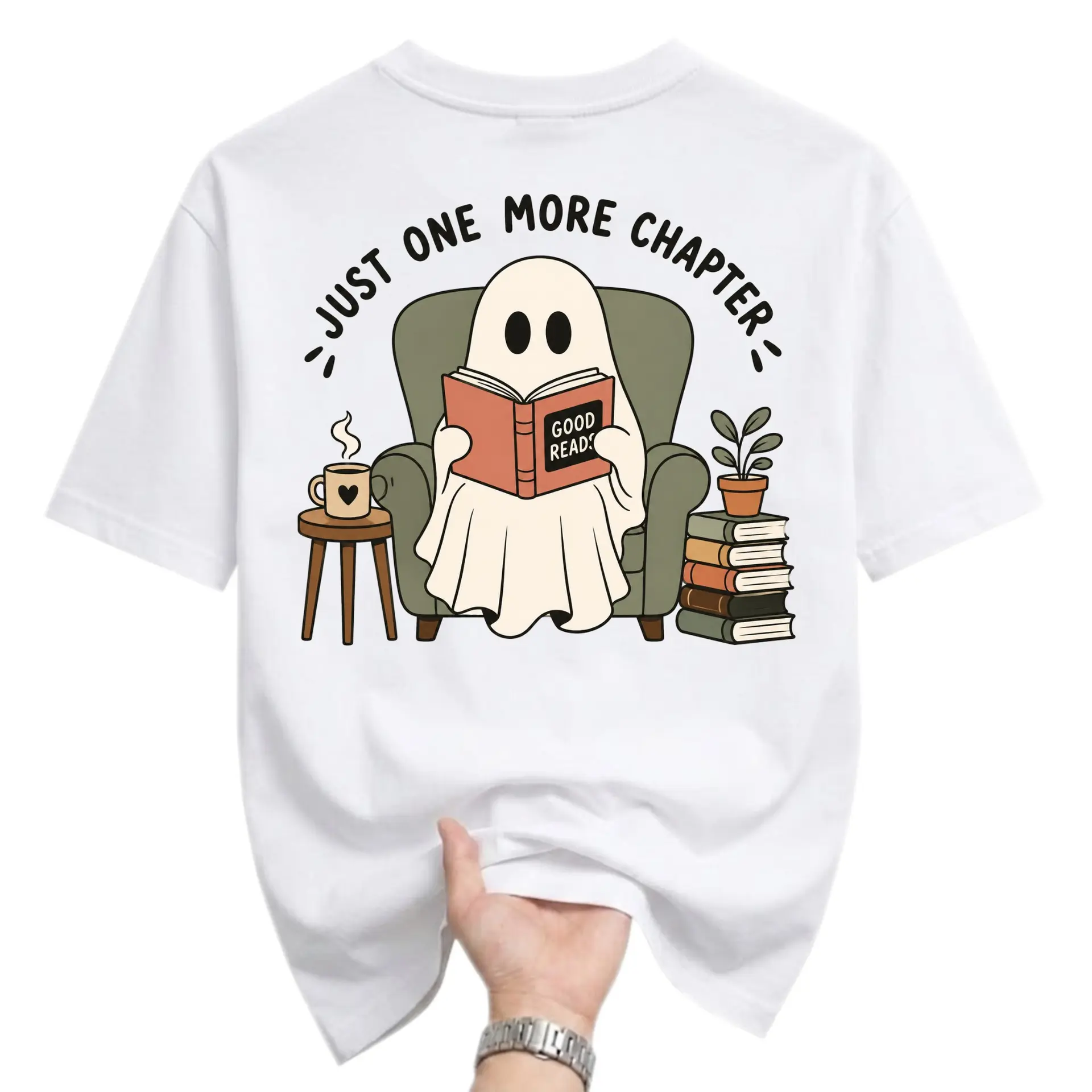 Funny Shirt Just One More Chapter Ghost Reading Book Unisex Graphic Printed T-Shirt Casual Everyday Apparel Gift Idea