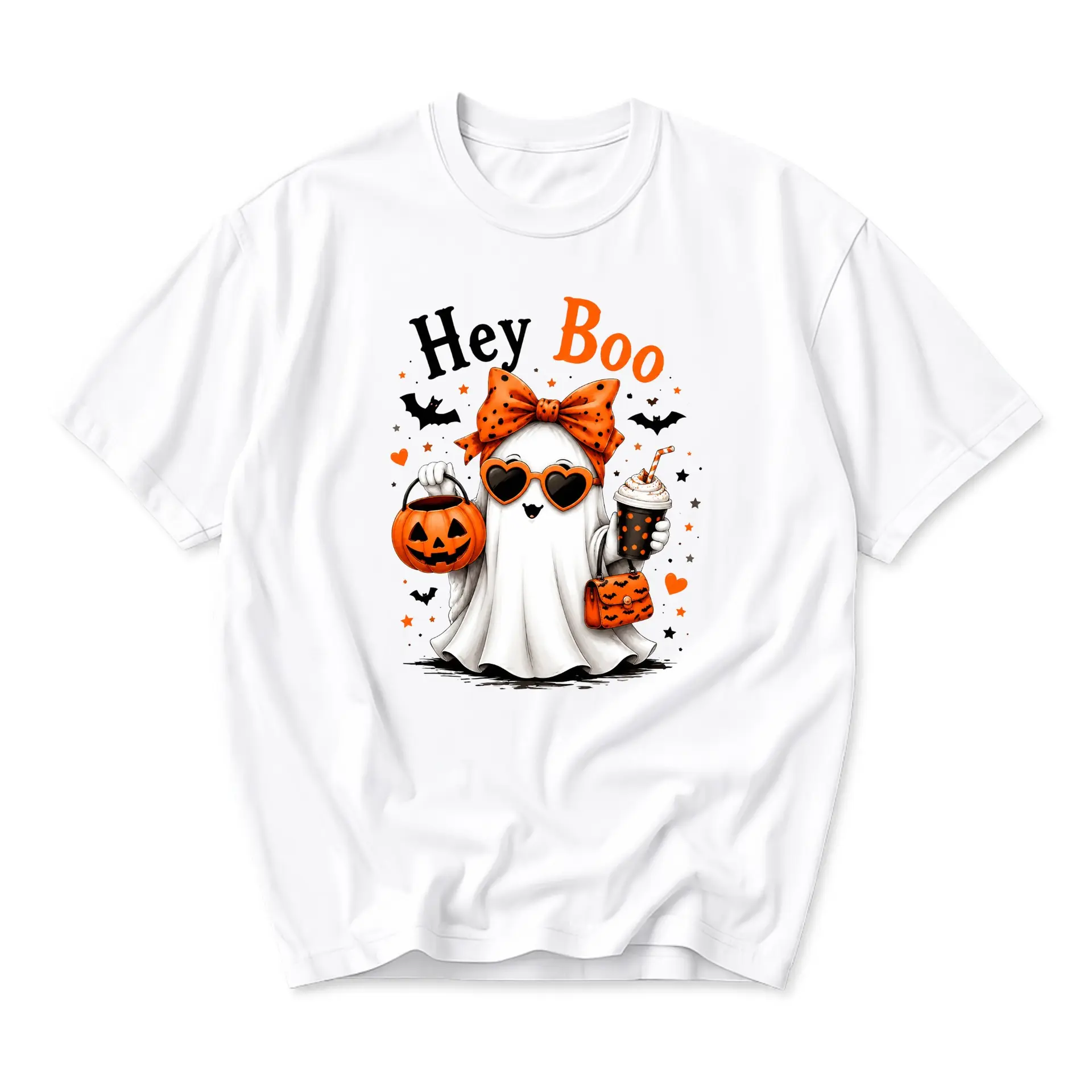 Funny Shirt Hey Boo Cute Ghost Halloween Graphic Tee Unisex Crew Neck Soft Cotton Casual Apparel for Fall Season