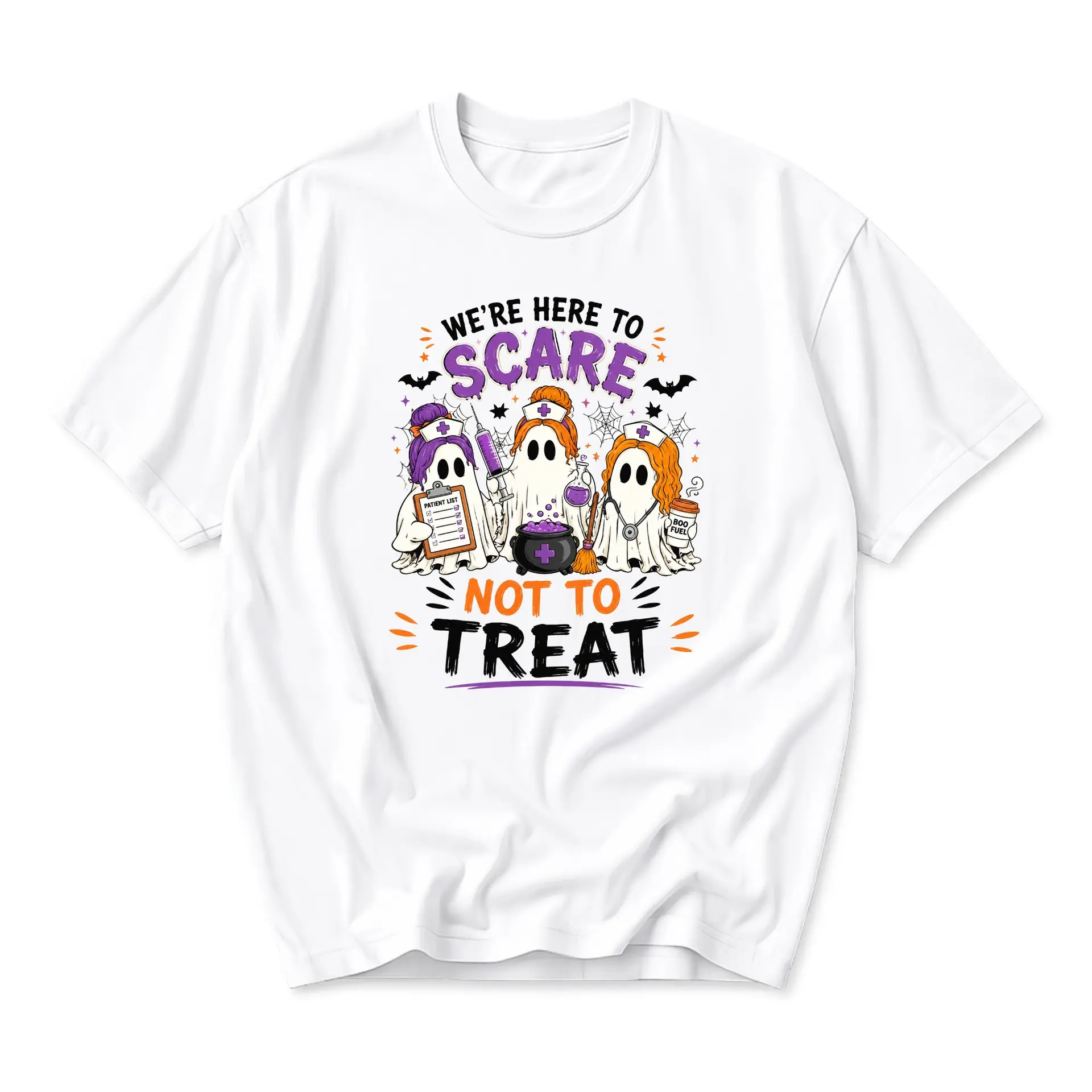 Funny Shirt We Are Here to Scare Not to Treat Halloween Ghost Nurse Graphic Printed Unisex Crew Neck T-Shirt