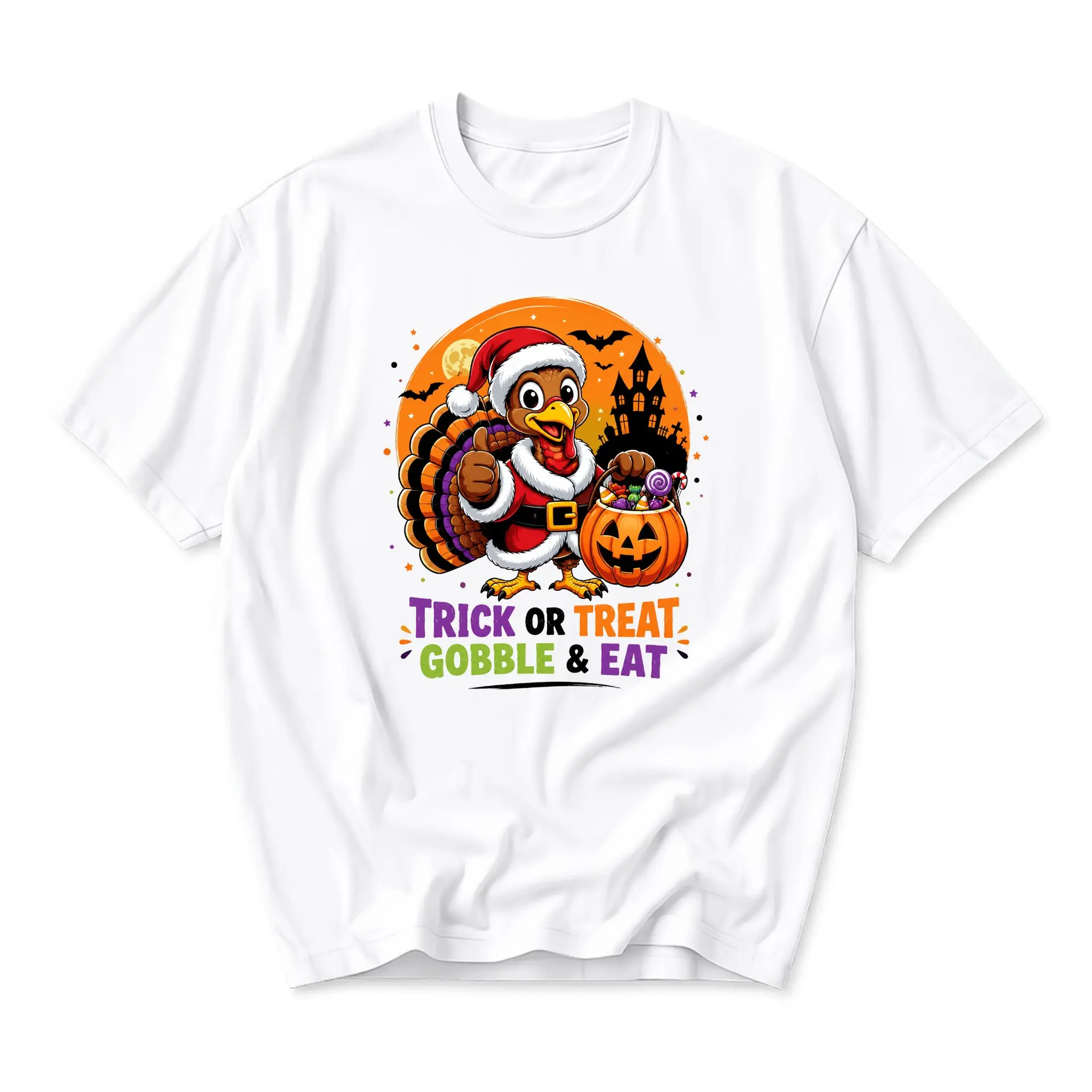 Funny Shirt Trick or Treat Gobble and Eat Graphic Tee Featuring a Festive Holiday Turkey Wearing a Santa Hat Outfit