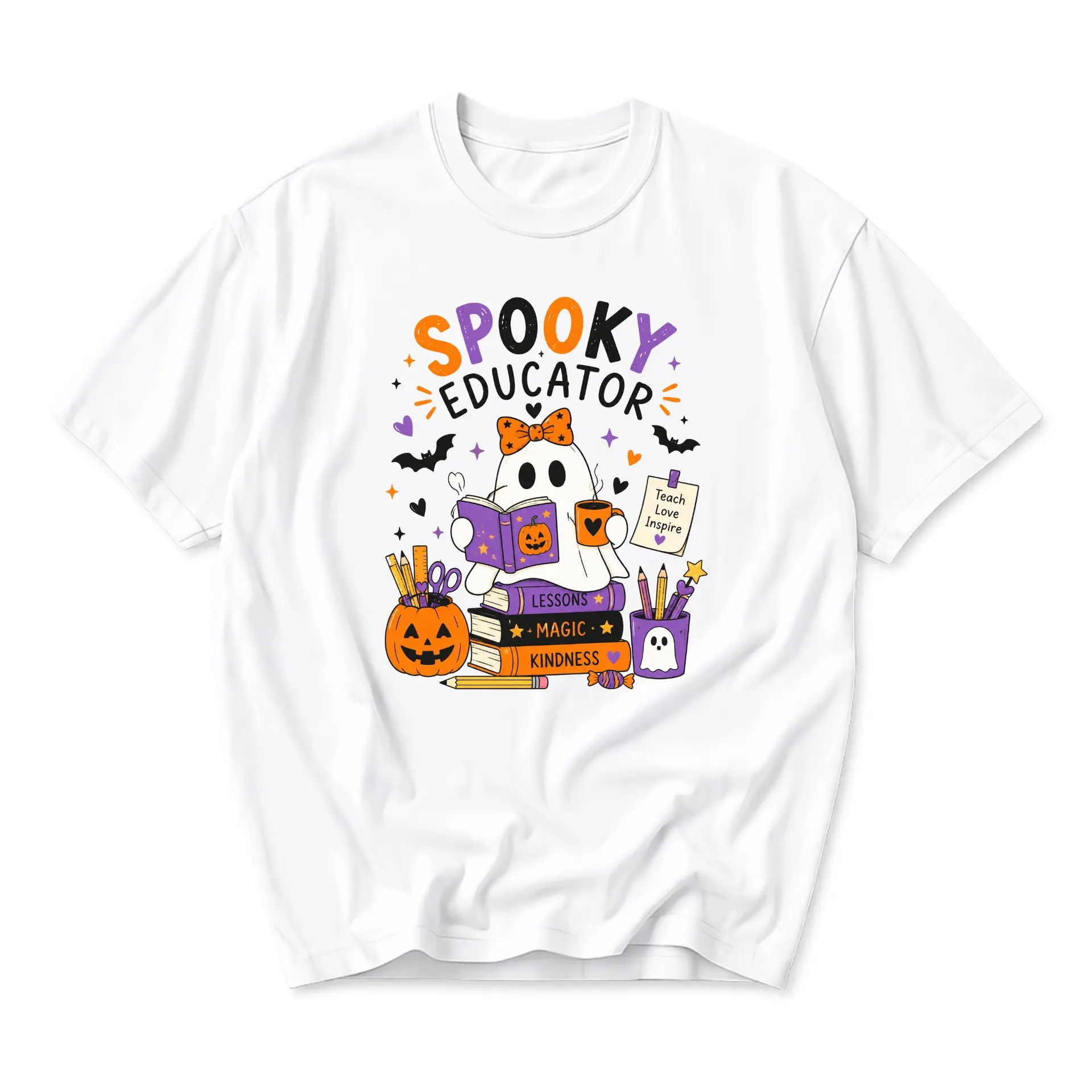 Graphic Tee Spooky Educator Ghost Reading Book Fall Season Unisex Crew Neck Casual Everyday Short Sleeve Cotton Shirt