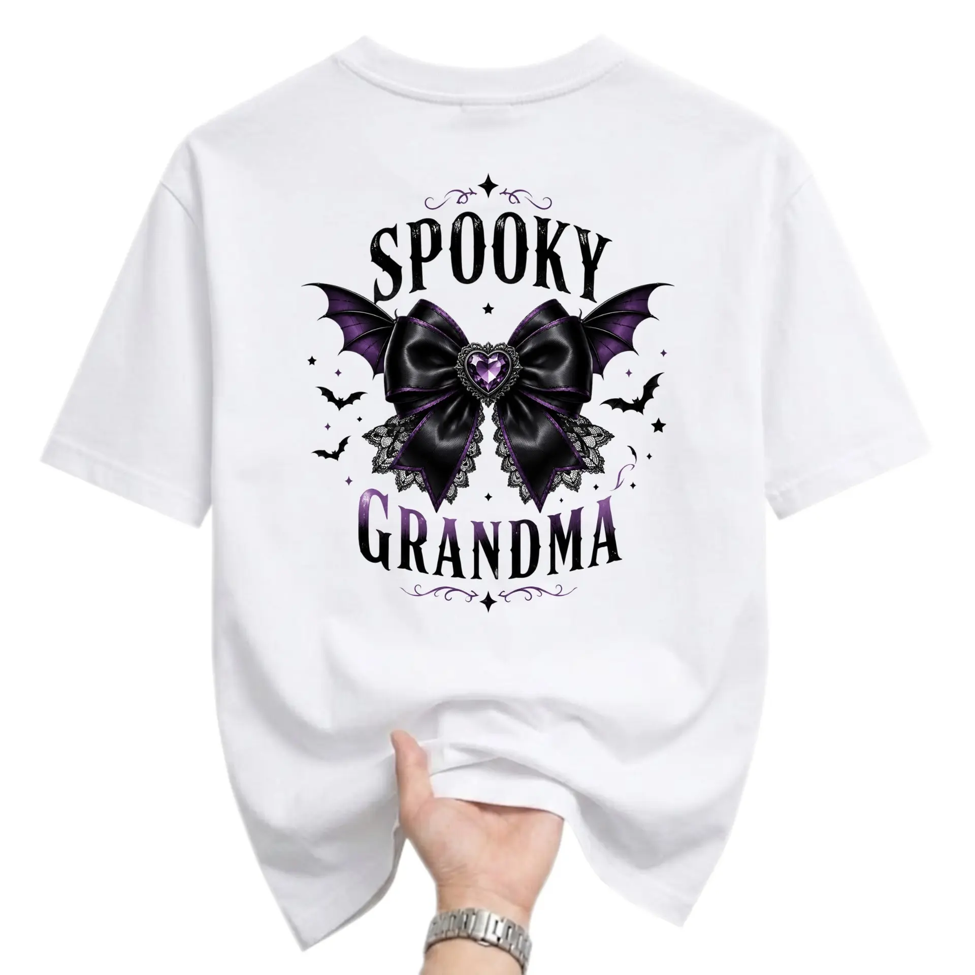 Funny Shirt Spooky Grandma Graphic Tee Gothic Bat Bow Design Unisex Crew Neck Casual Cotton Blend Apparel