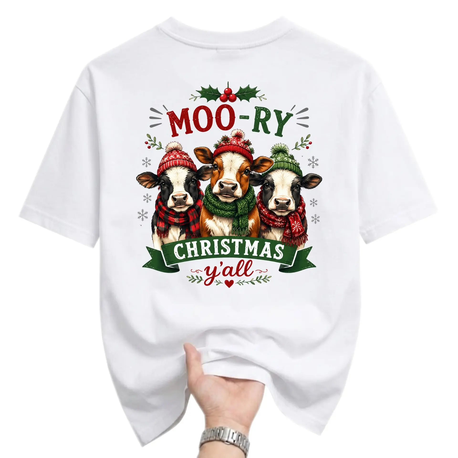 Funny Shirt Moo-Ry Christmas Yall Graphic Tee Cute Cow Holiday Apparel for Casual Everyday Winter Seasonal Outfits