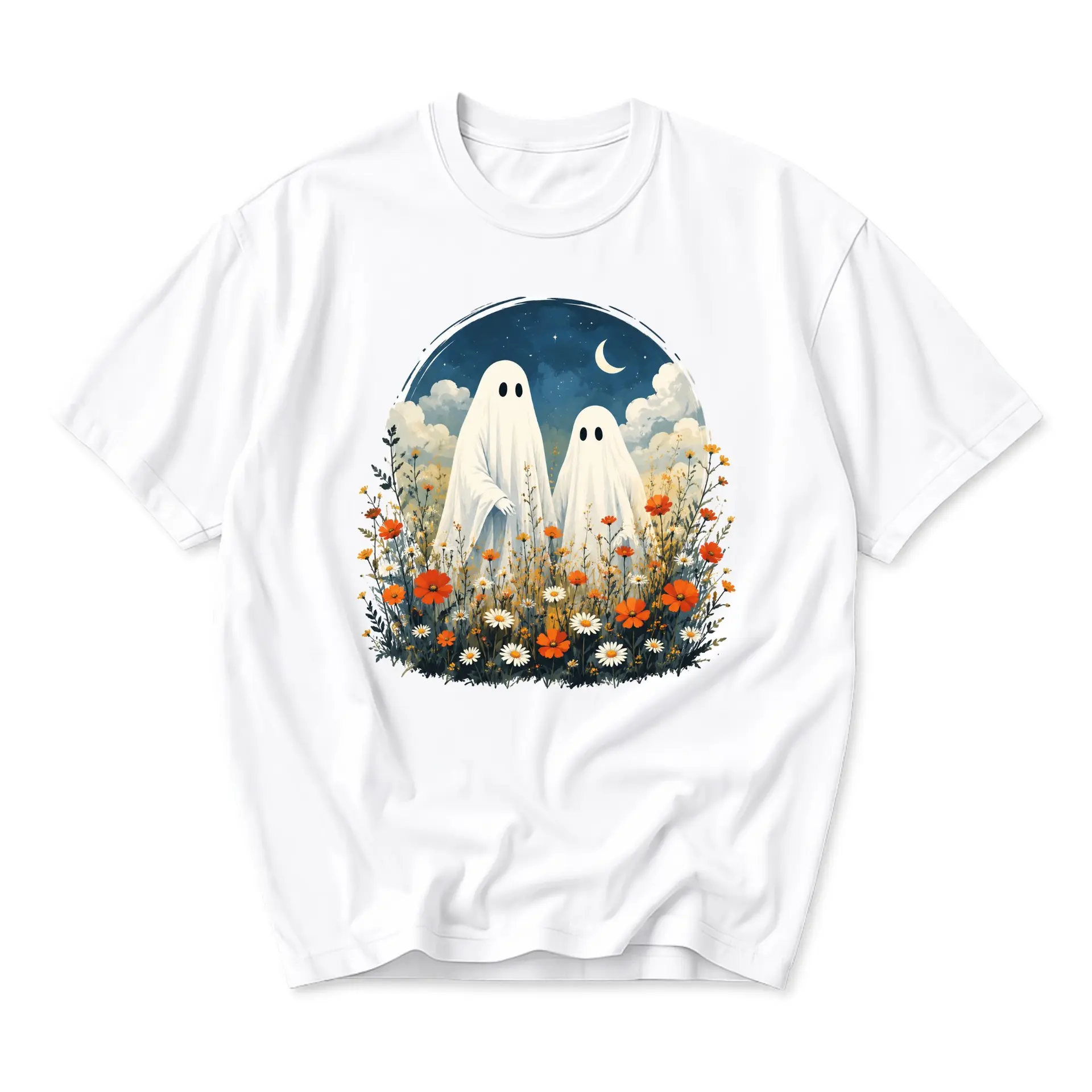 Graphic Tee Unisex Crew Neck T-Shirt Featuring Two Whimsical Ghosts Standing in a Vibrant Meadow Floral Scene