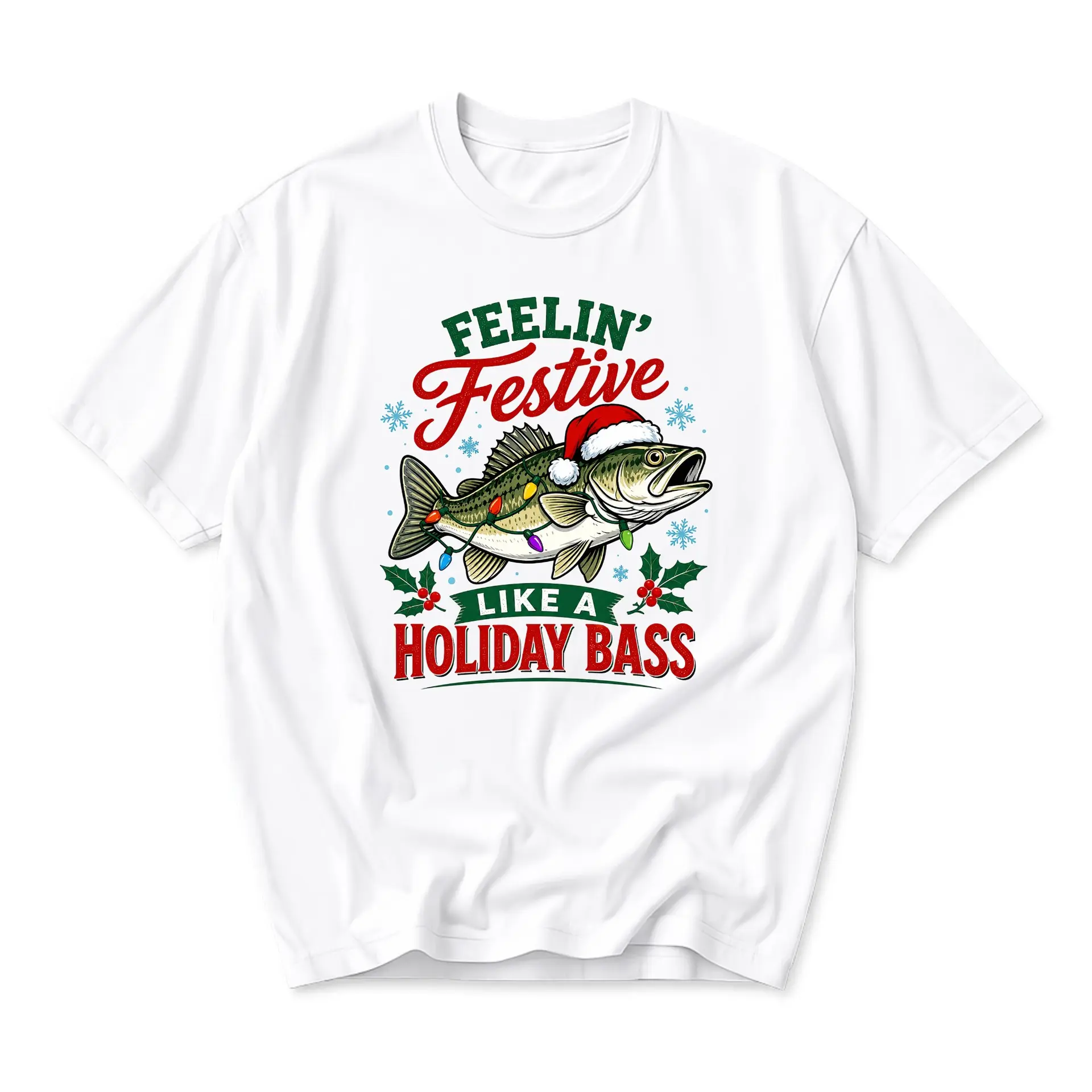 Funny Shirt Feelin Festive Like a Holiday Bass Graphic Printed Unisex Casual T-Shirt for Fishing Lovers Christmas