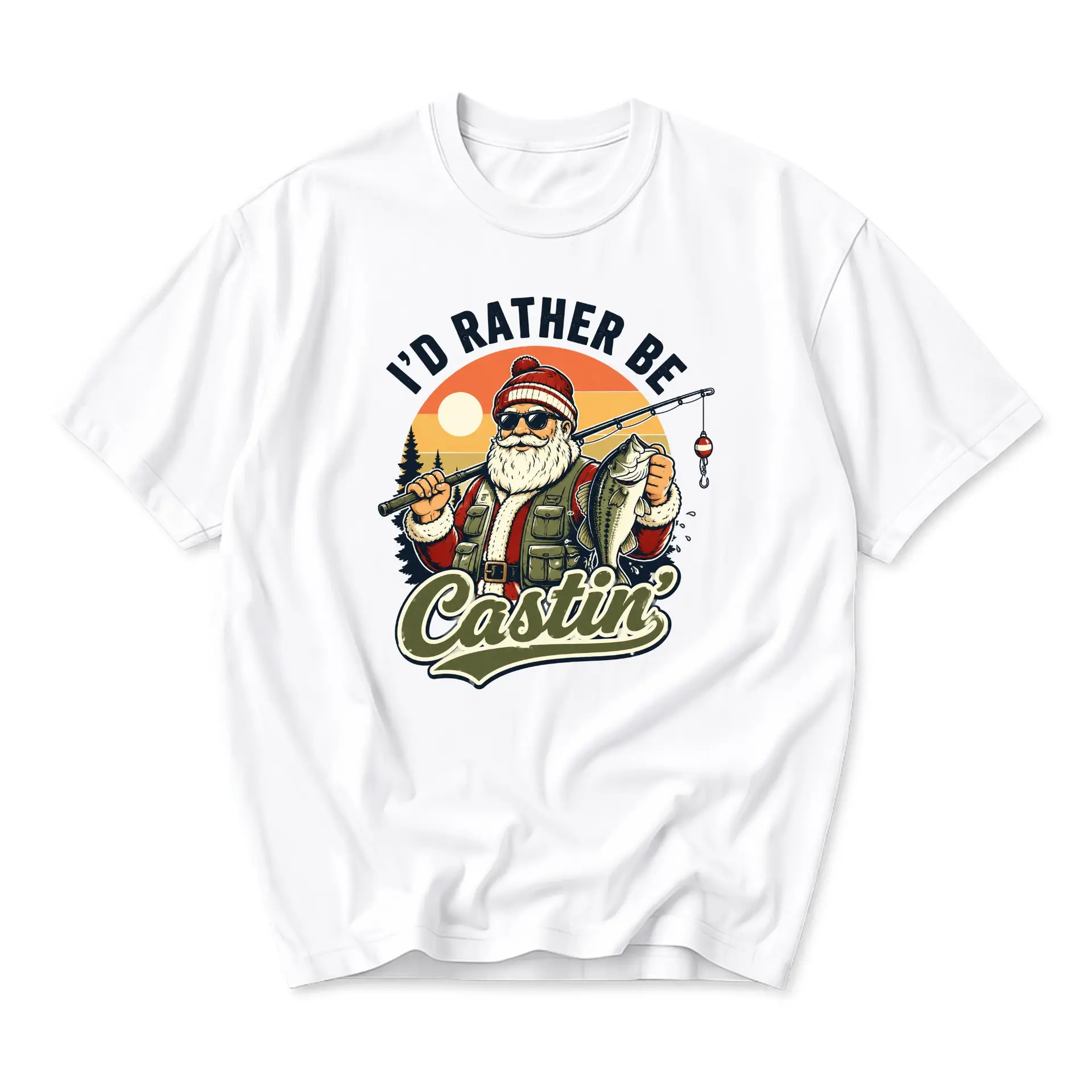 Funny Shirt I'd Rather Be Castin Fishing Santa Unisex Graphic Tee Short Sleeve Casual Holiday Apparel White