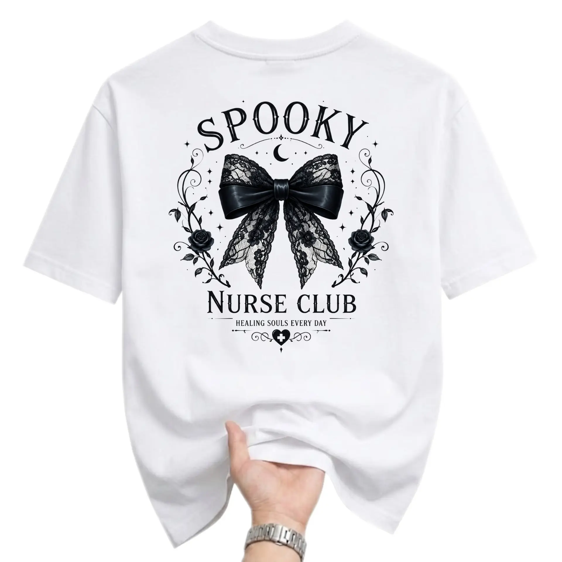 Graphic Tee Spooky Nurse Club Shirt Aesthetic Lace Bow Floral Casual Short Sleeve Unisex Cotton Crew Neck Top
