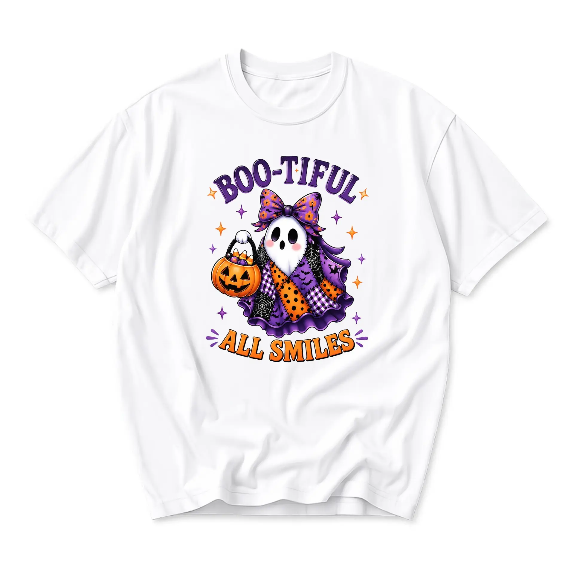 Graphic Tee Boo-Tiful All Smiles Ghost Halloween Shirt Cute Spooky Character Unisex Crew Neck Casual Cotton Top