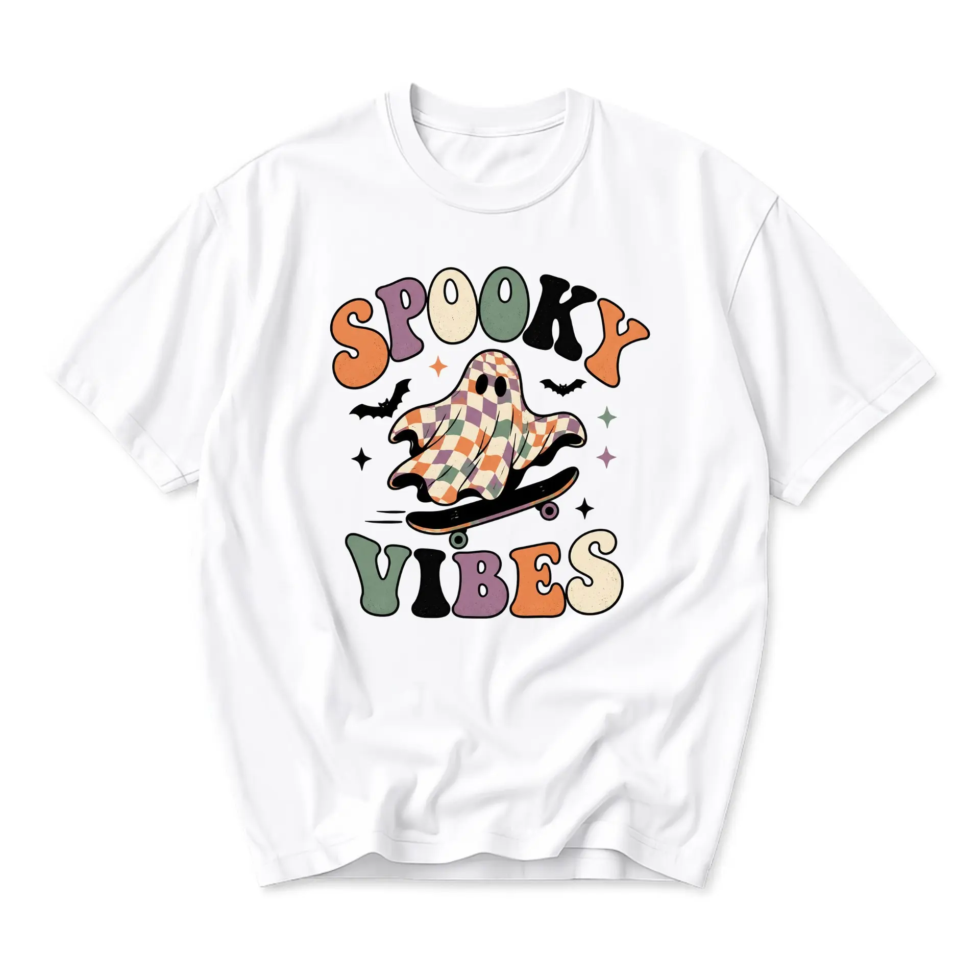 Graphic Tee Spooky Vibes Retro Checkerboard Ghost Skateboard Unisex Crew Neck Cotton Blend Short Sleeve Shirt White