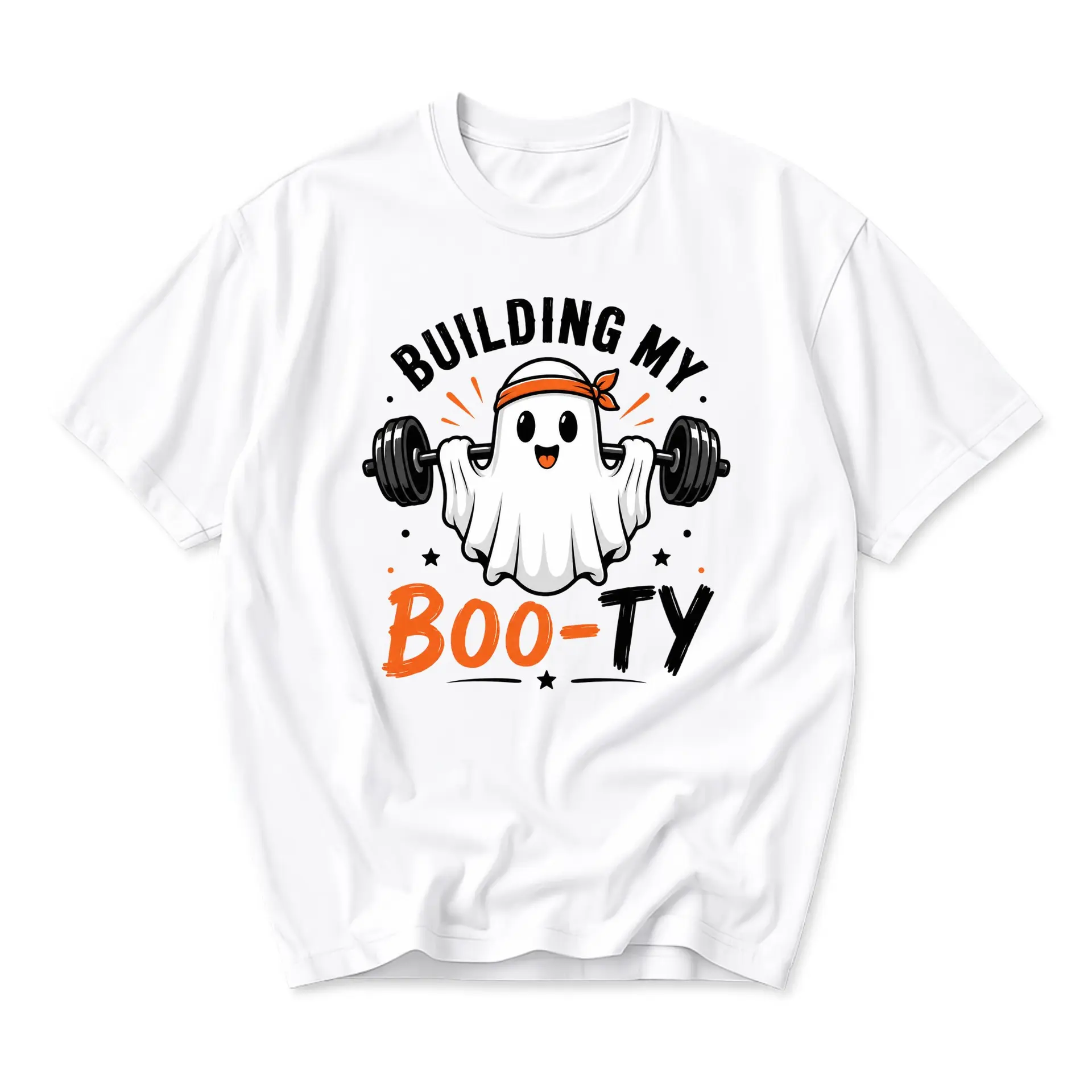Funny Shirt Graphic Tee Building My Boo-Ty Ghost Workout Weightlifting Novelty Unisex Crew Neck Casual Cotton Top