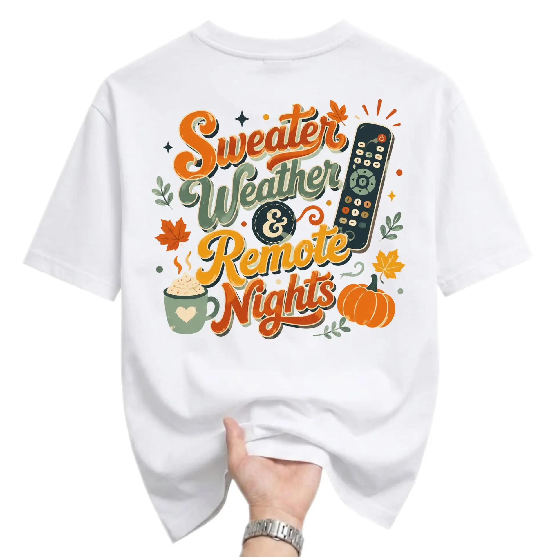 Graphic Tee Sweater Weather and Remote Nights Autumn Aesthetic Shirt Cozy Fall Season Printed Casual Crew Neck Top