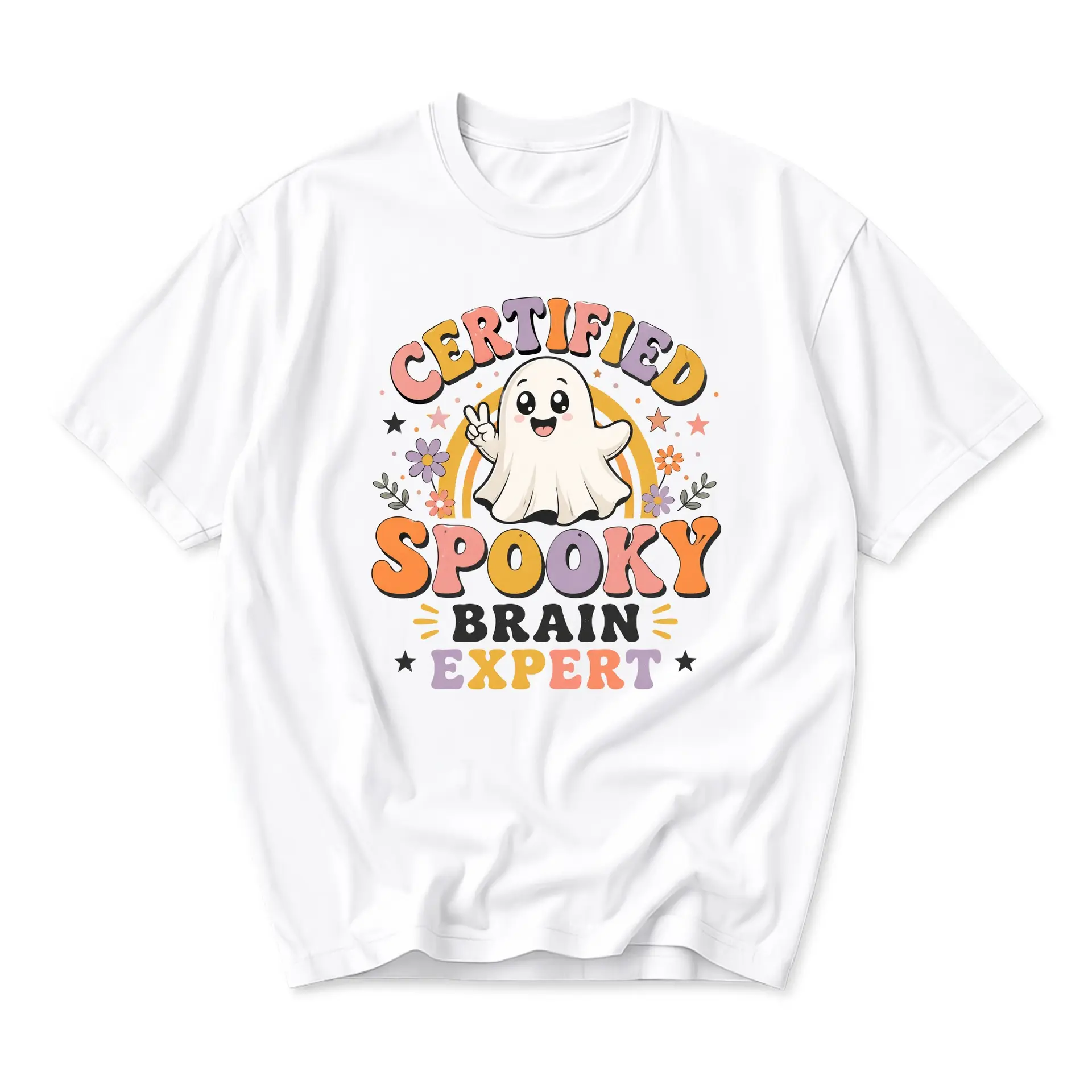 Funny Shirt Certified Spooky Brain Expert Ghost Graphic Tee Retro Aesthetic Unisex Crew Neck Casual Cotton Top