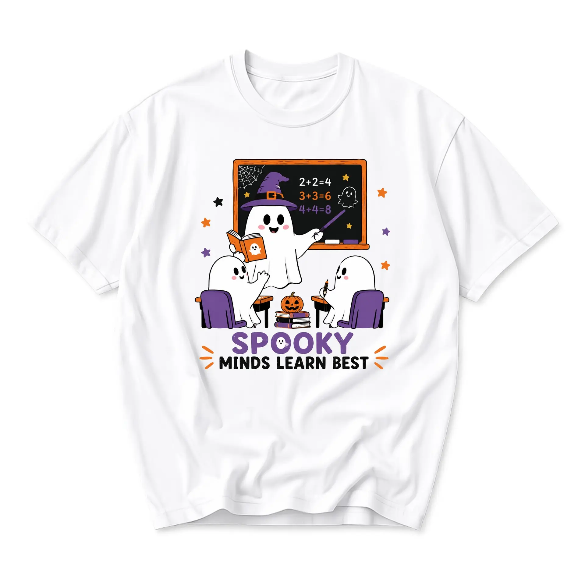 Funny Shirt Spooky Minds Learn Best Graphic Tee Cute Ghost Classroom Illustration Casual Unisex Crew Neck T-Shirt
