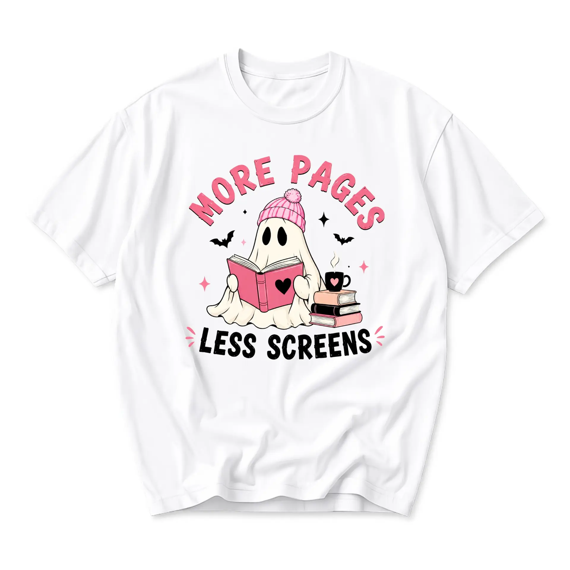 Graphic Tee More Pages Less Screens Reading Ghost Shirt Cute Aesthetic Unisex Crew Neck Casual Everyday Apparel