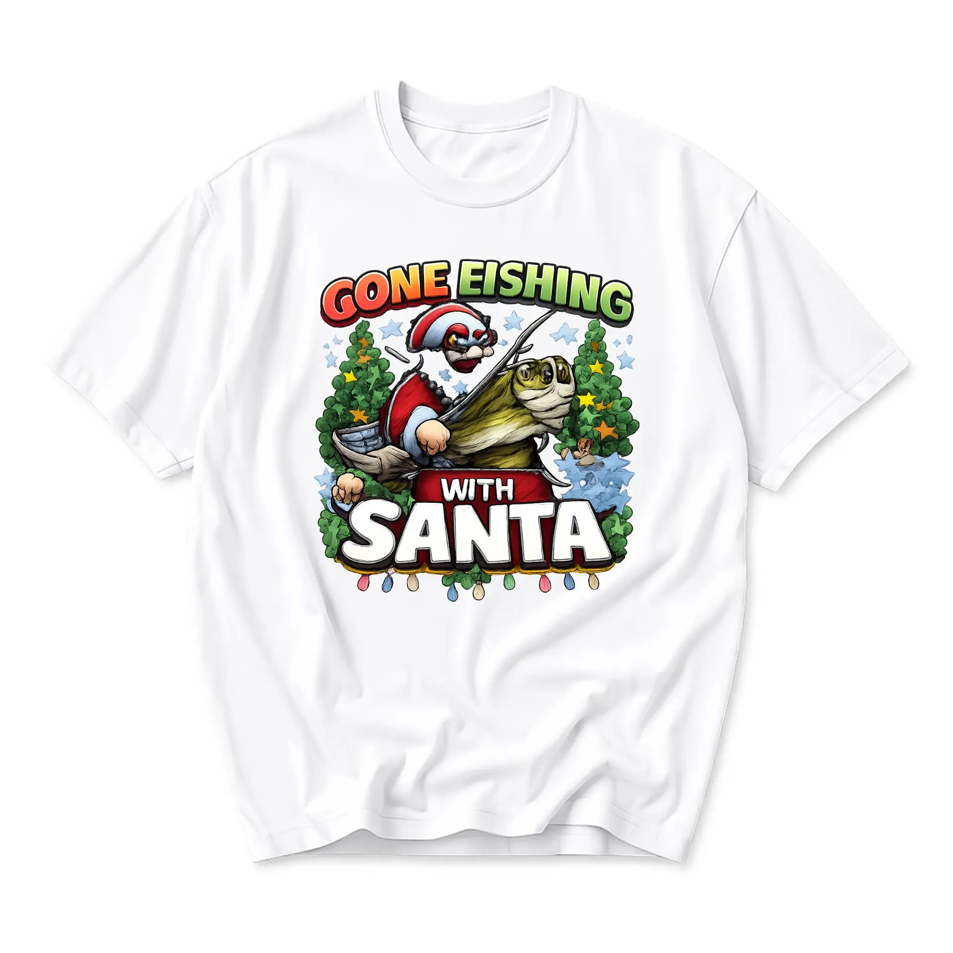 Funny Shirt Gone Fishing with Santa Unisex Graphic Printed T-Shirt Casual Holiday Apparel White Crew Neck Tee