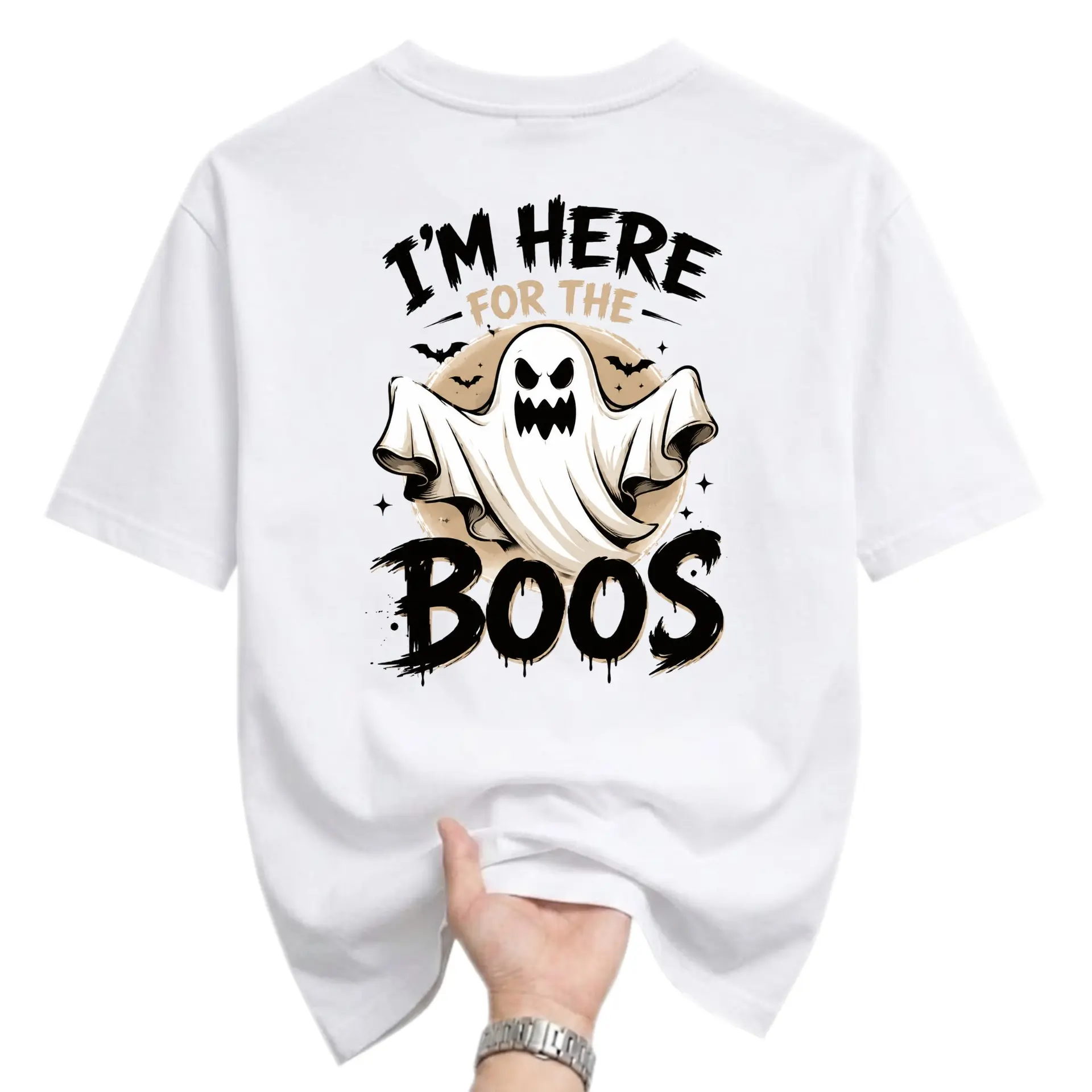 Funny Shirt I Am Here for the Boos Ghost Graphic Tee Seasonal Unisex Crew Neck Short Sleeve Cotton Casual Apparel