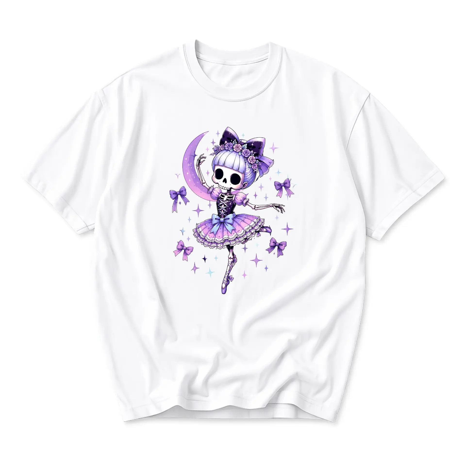 Graphic Tee Unisex Short Sleeve Crew Neck Shirt Featuring a Whimsical Skeleton Ballerina Design in Purple Tones