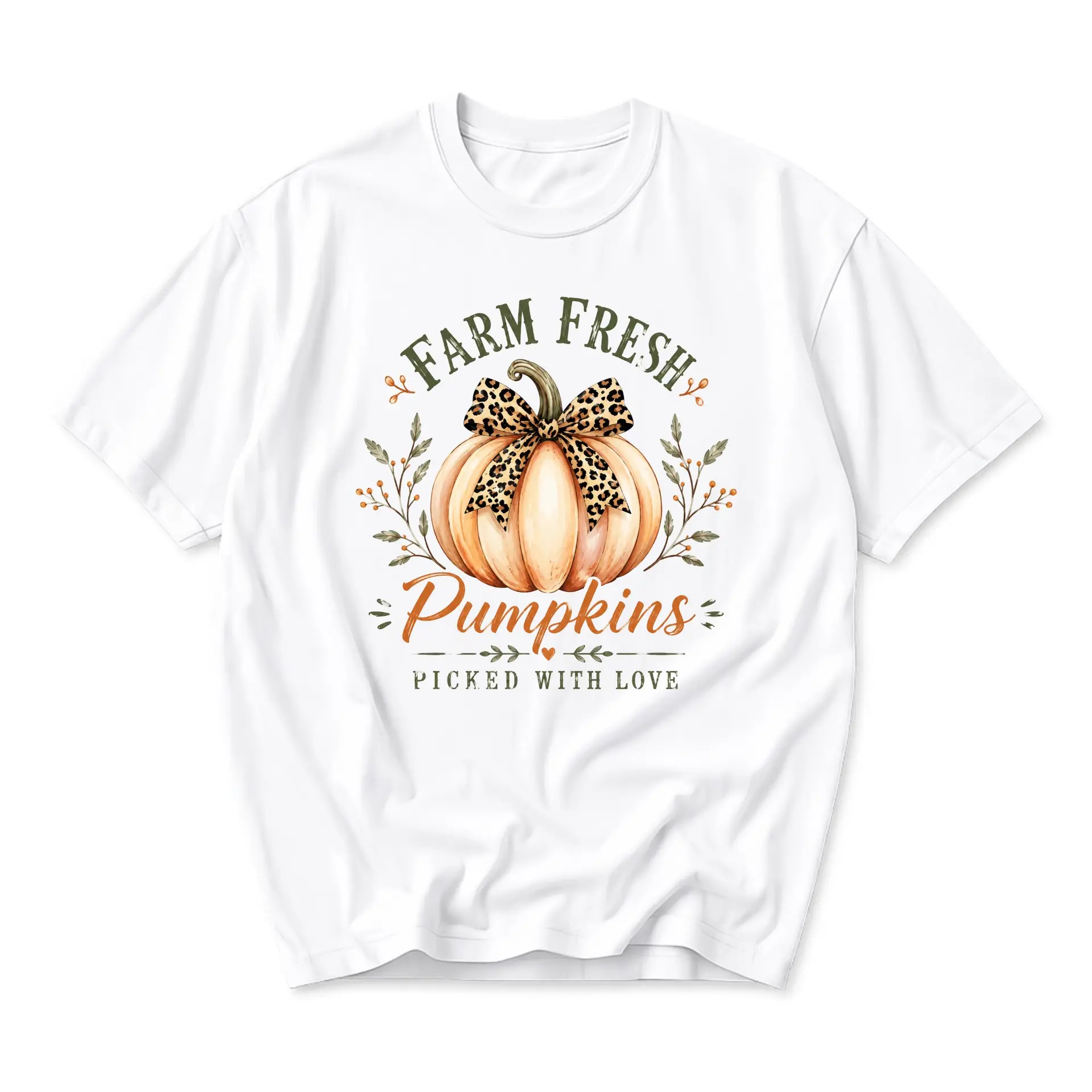 Graphic Tee Farm Fresh Pumpkins Shirt with Leopard Print Bow Autumn Fall Season Casual Unisex Crew Neck Top