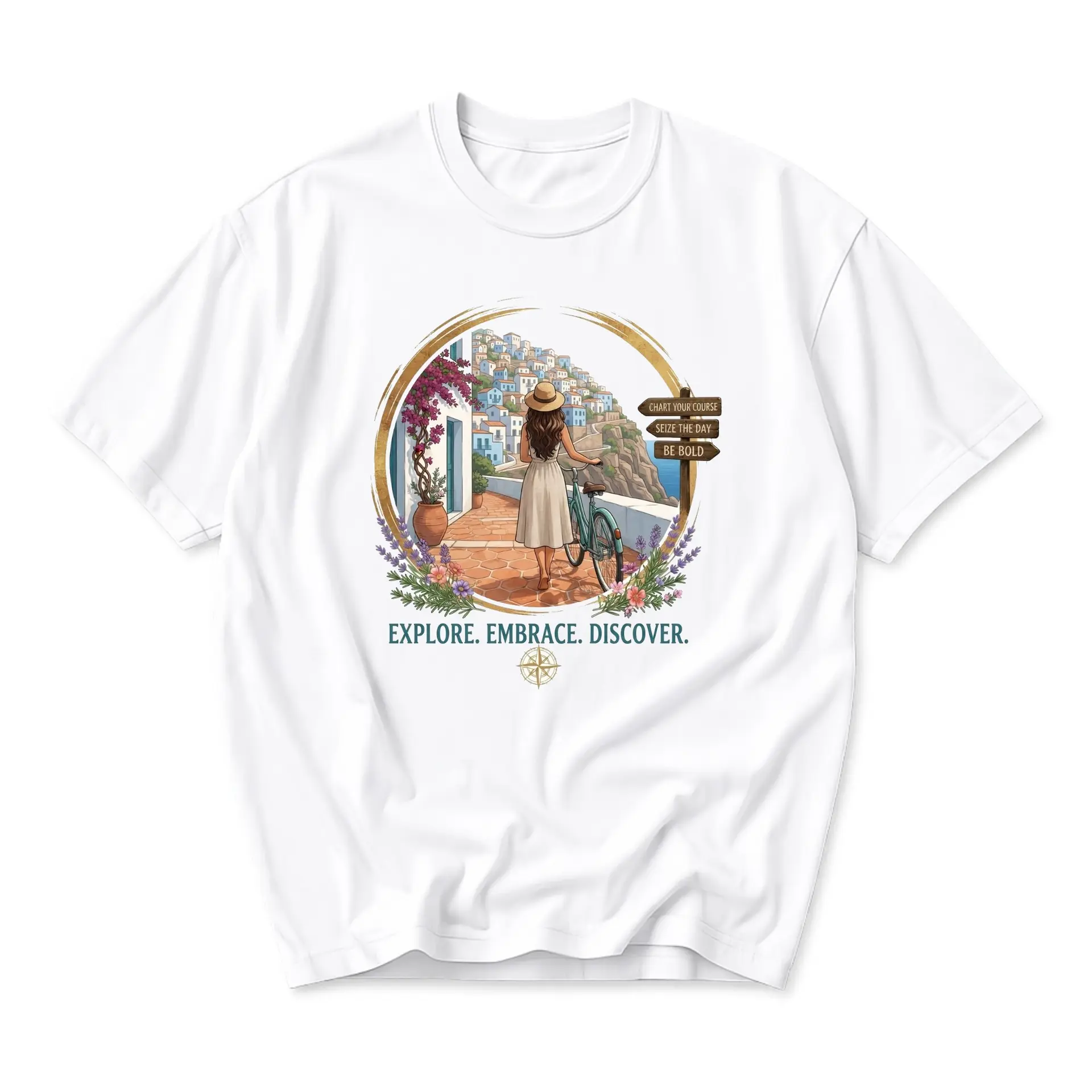 Graphic Tee Unisex Crew Neck Travel Inspired Illustration Shirt Featuring Coastal Landscape and Bicycle Scenic Design