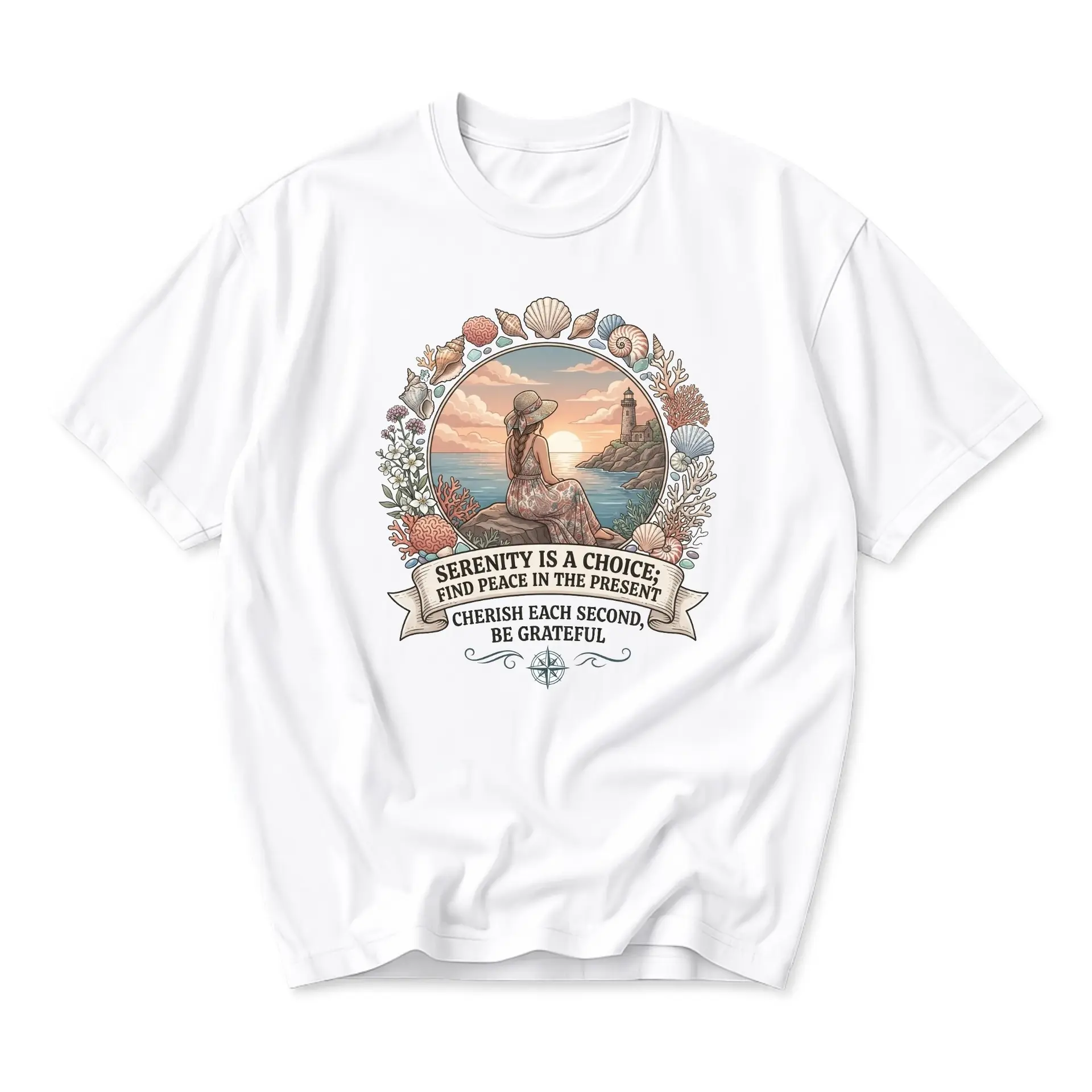 Graphic Tee Serenity Is a Choice Inspirational Quote T-Shirt Coastal Ocean Beach Sunset Scene Apparel Summer Top