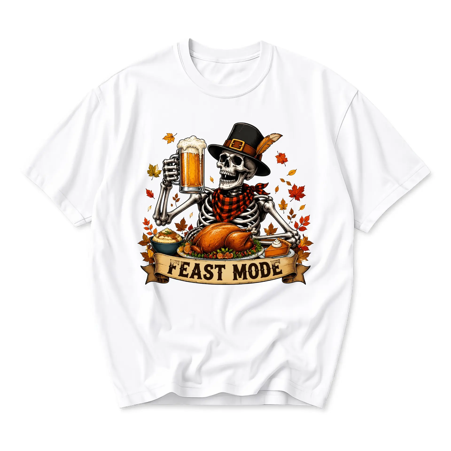 Funny Shirt Feast Mode Skeleton Thanksgiving Graphic Tee for Casual Wear and Festive Holiday Everyday Outfit Enthusiasts