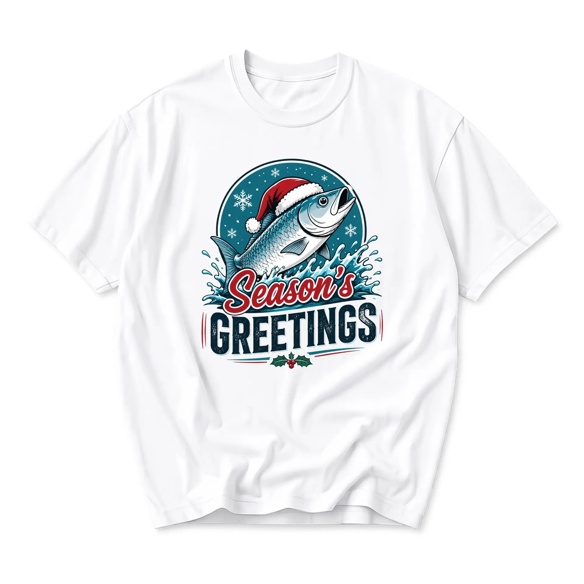 Funny Shirt Season's Greetings Fishing Christmas Graphic Tee for Holiday