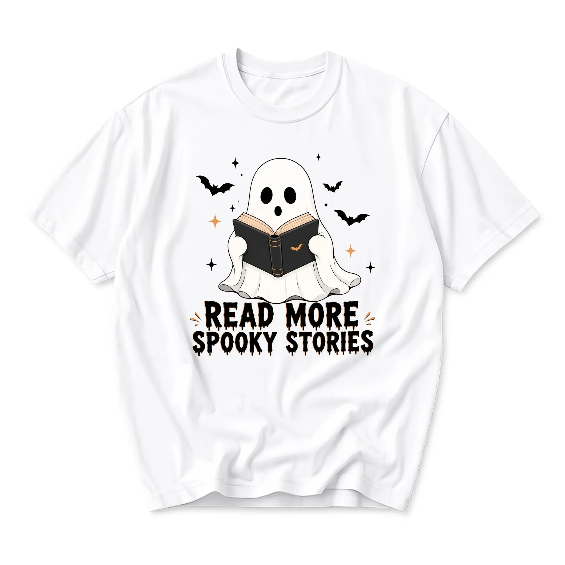 Graphic Tee Read More Spooky Stories Ghost Reading Book Design Unisex Crew Neck Casual Cotton Blend T-Shirt